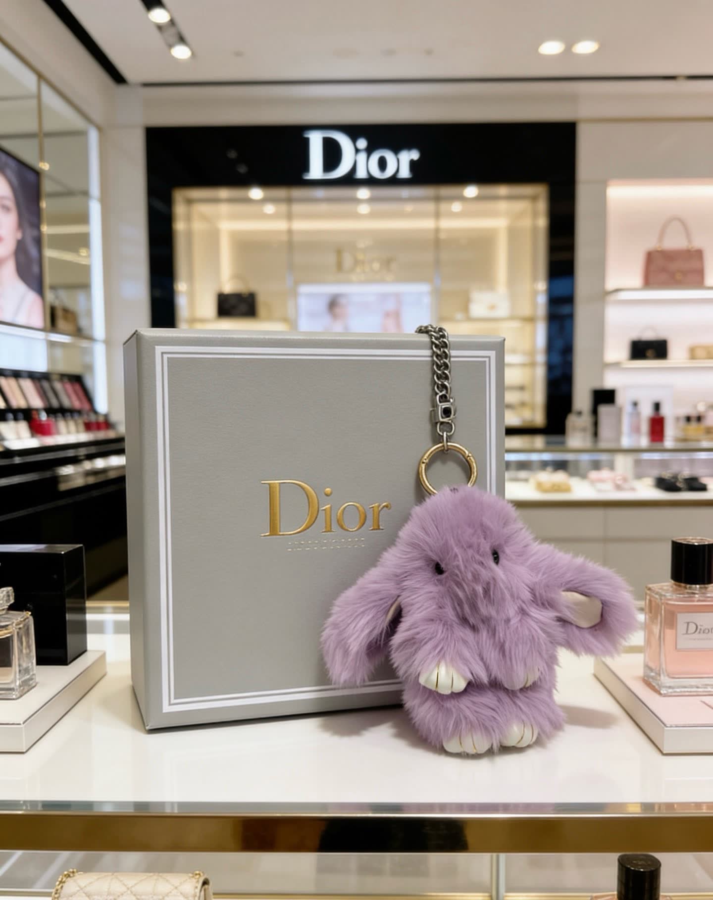 Dior Purple Fluffy Elephant Keychain