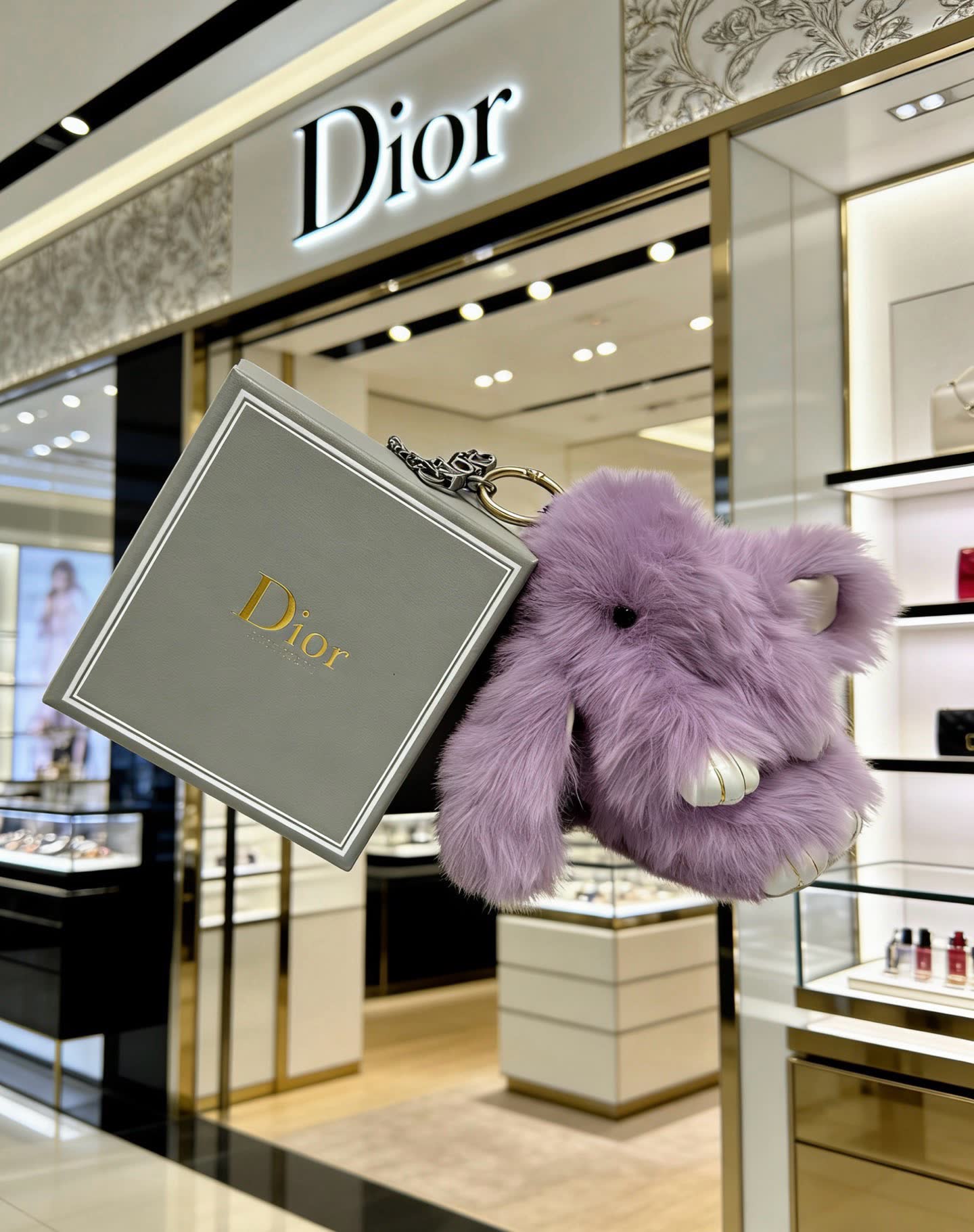 Dior Purple Fluffy Elephant Keychain