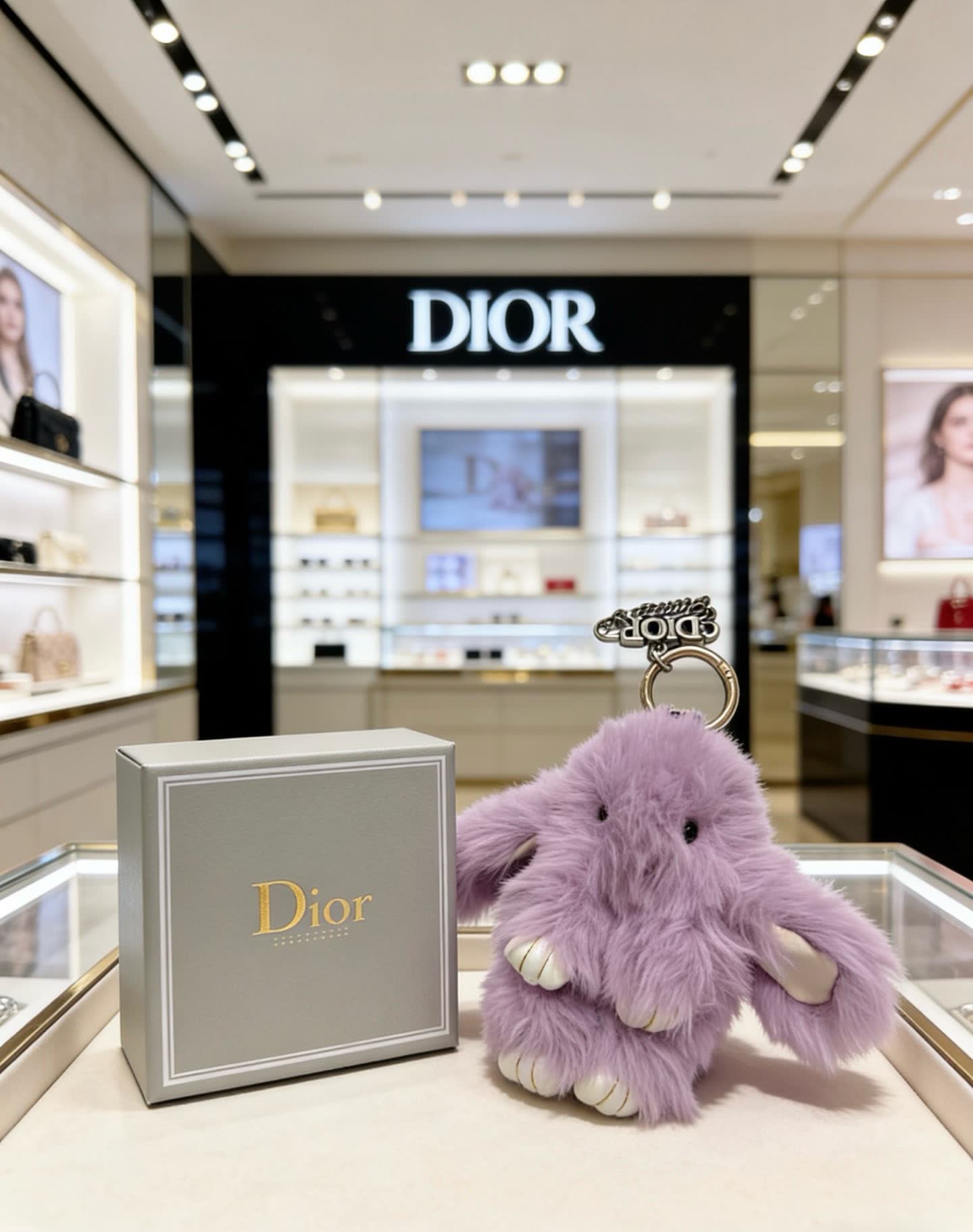 Dior Purple Fluffy Elephant Keychain
