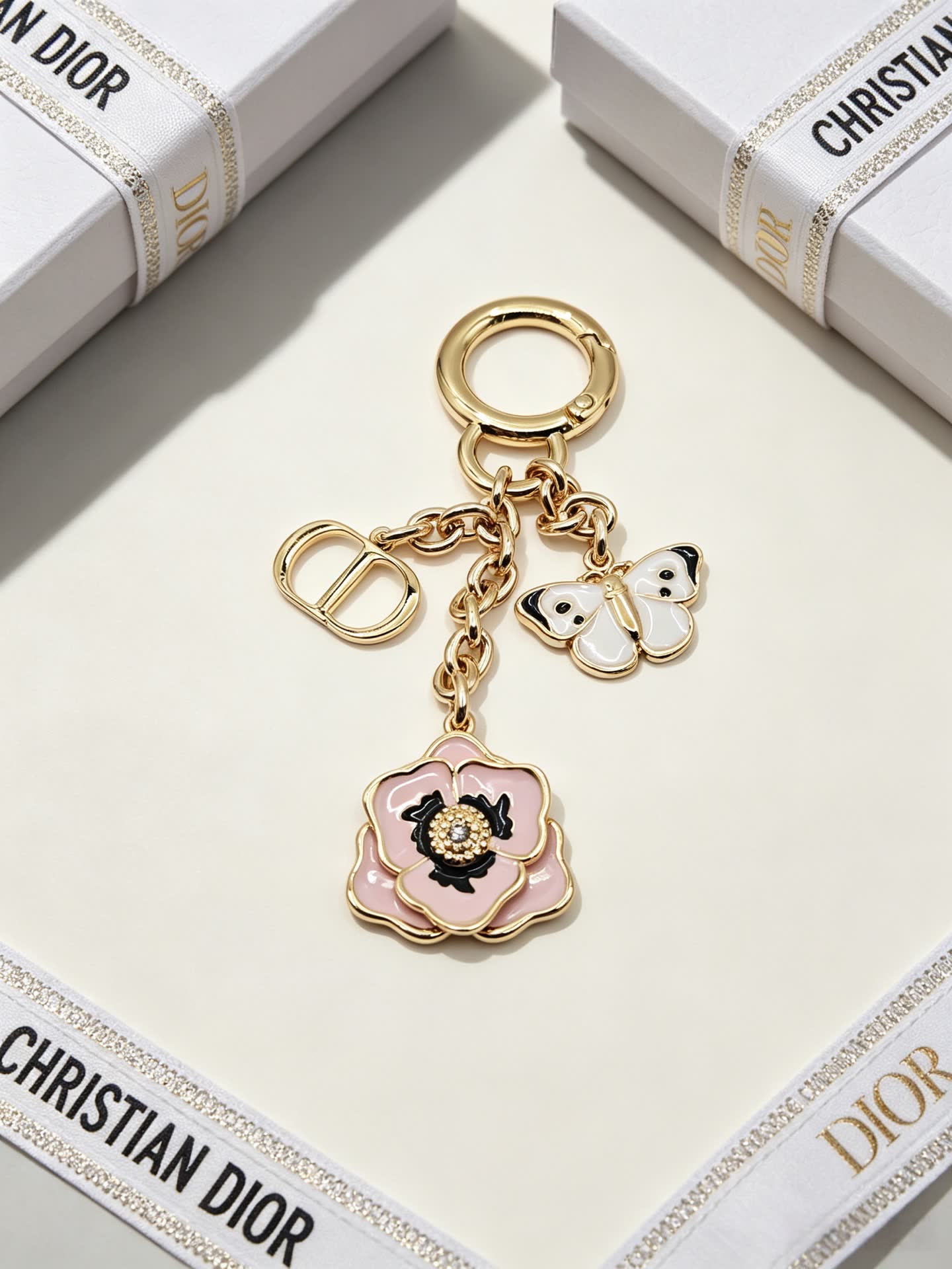 Christian Dior Gold-Tone Enamel Flower and Butterfly Keychain