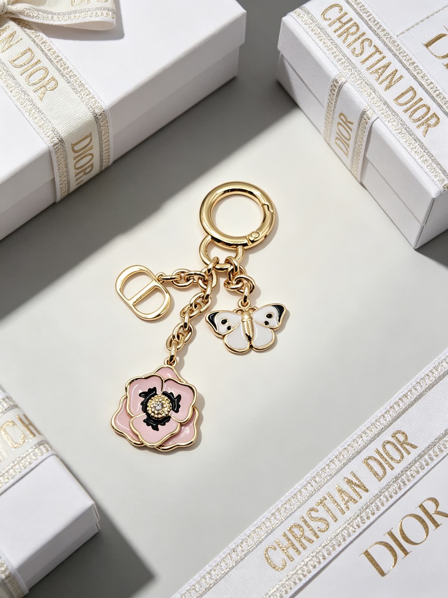 Christian Dior Gold-Tone Enamel Flower and Butterfly Keychain
