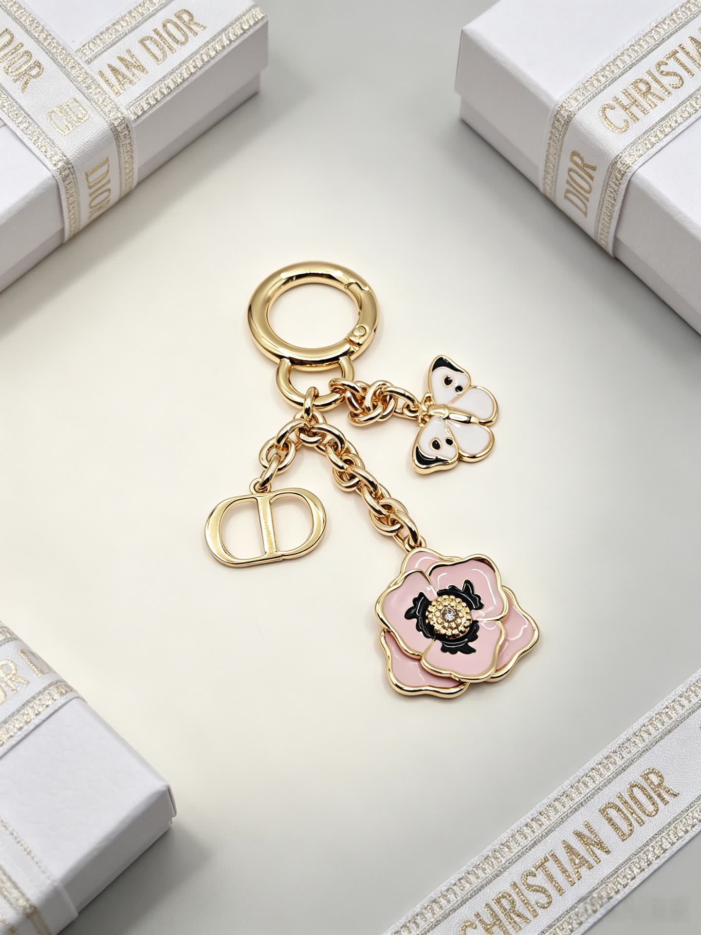 Christian Dior Gold-Tone Enamel Flower and Butterfly Keychain