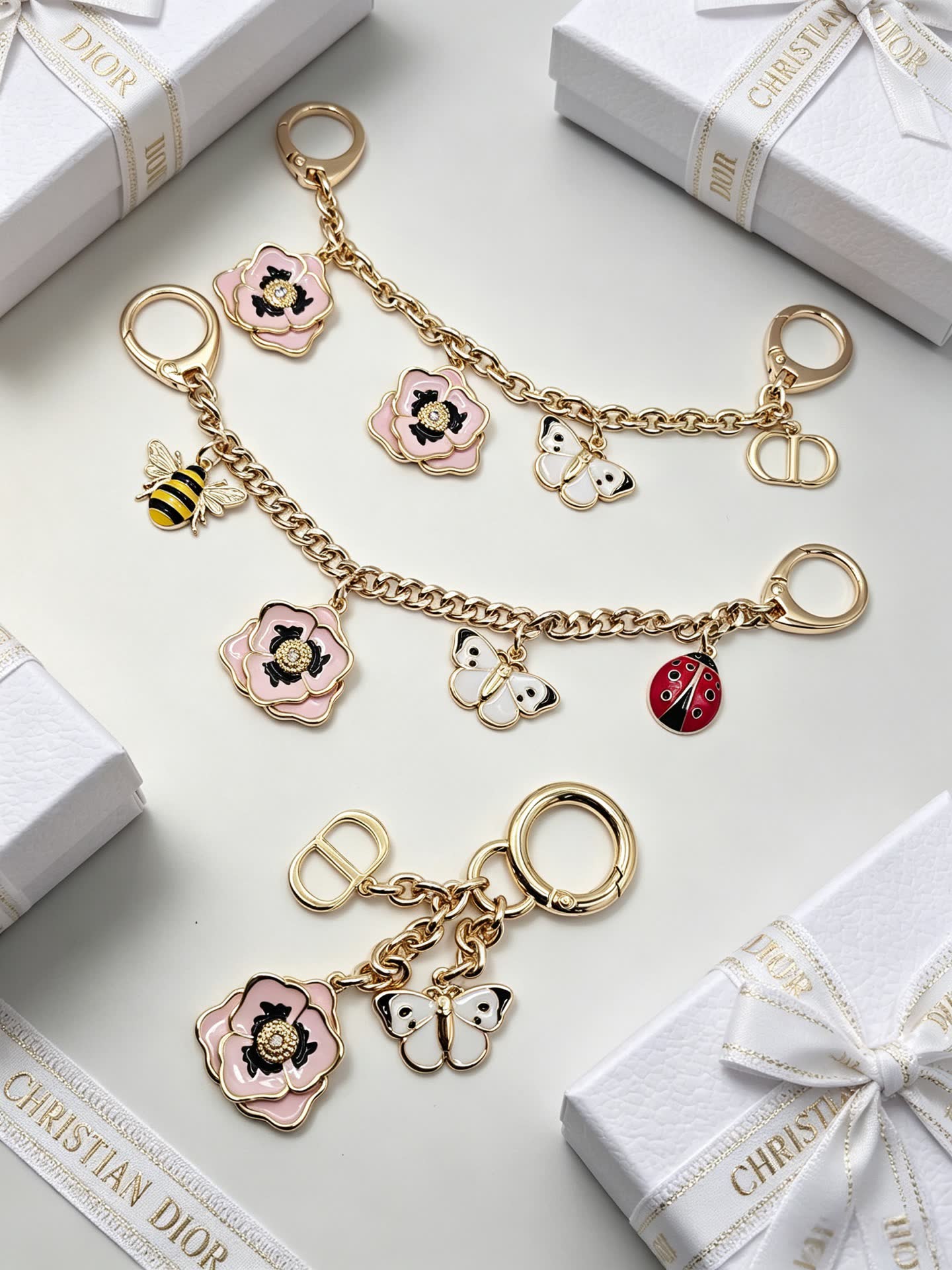 Christian Dior Gold-Tone Enamel Flower and Butterfly Keychain