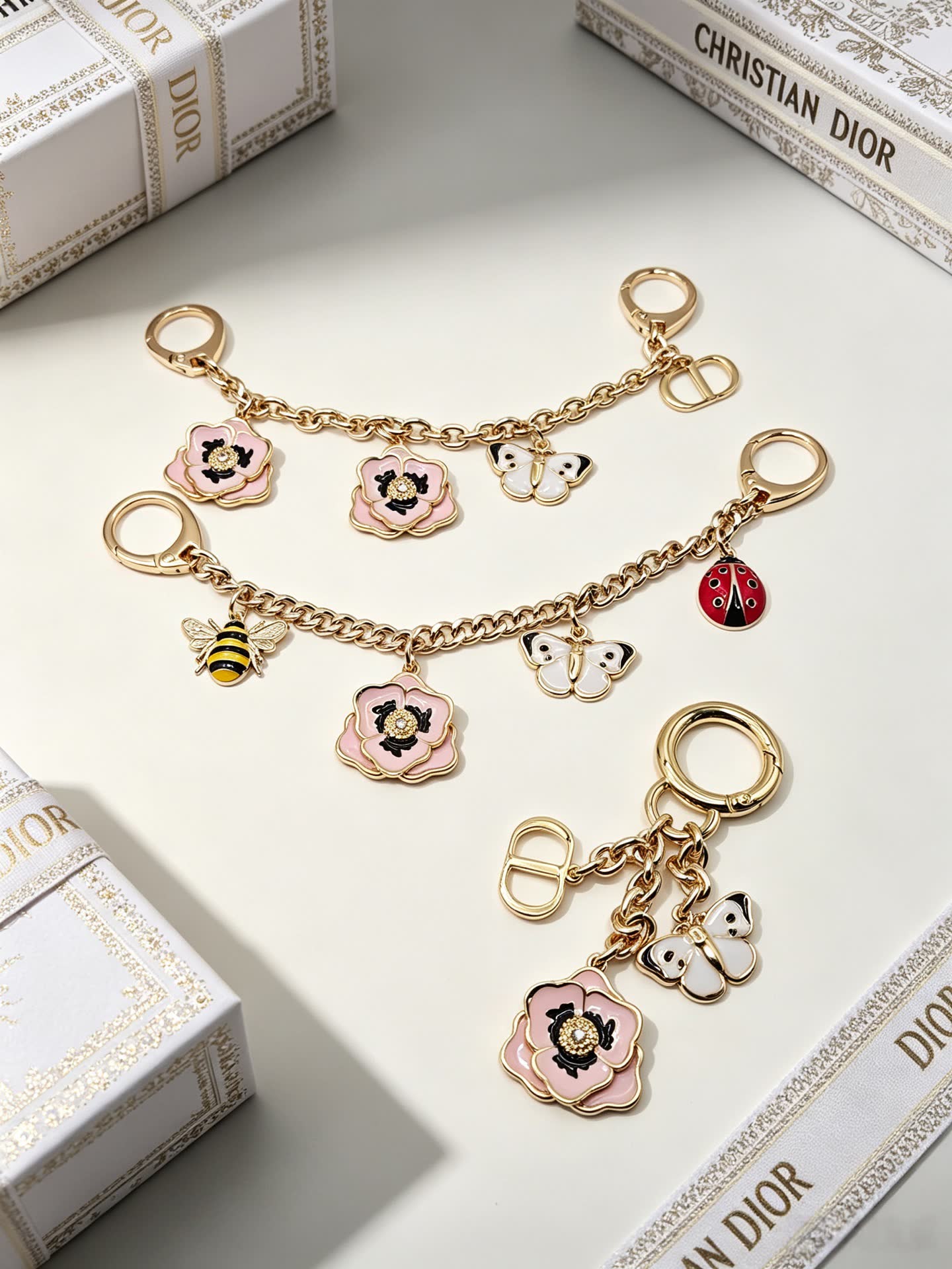 Christian Dior Gold-Tone Enamel Flower and Butterfly Keychain