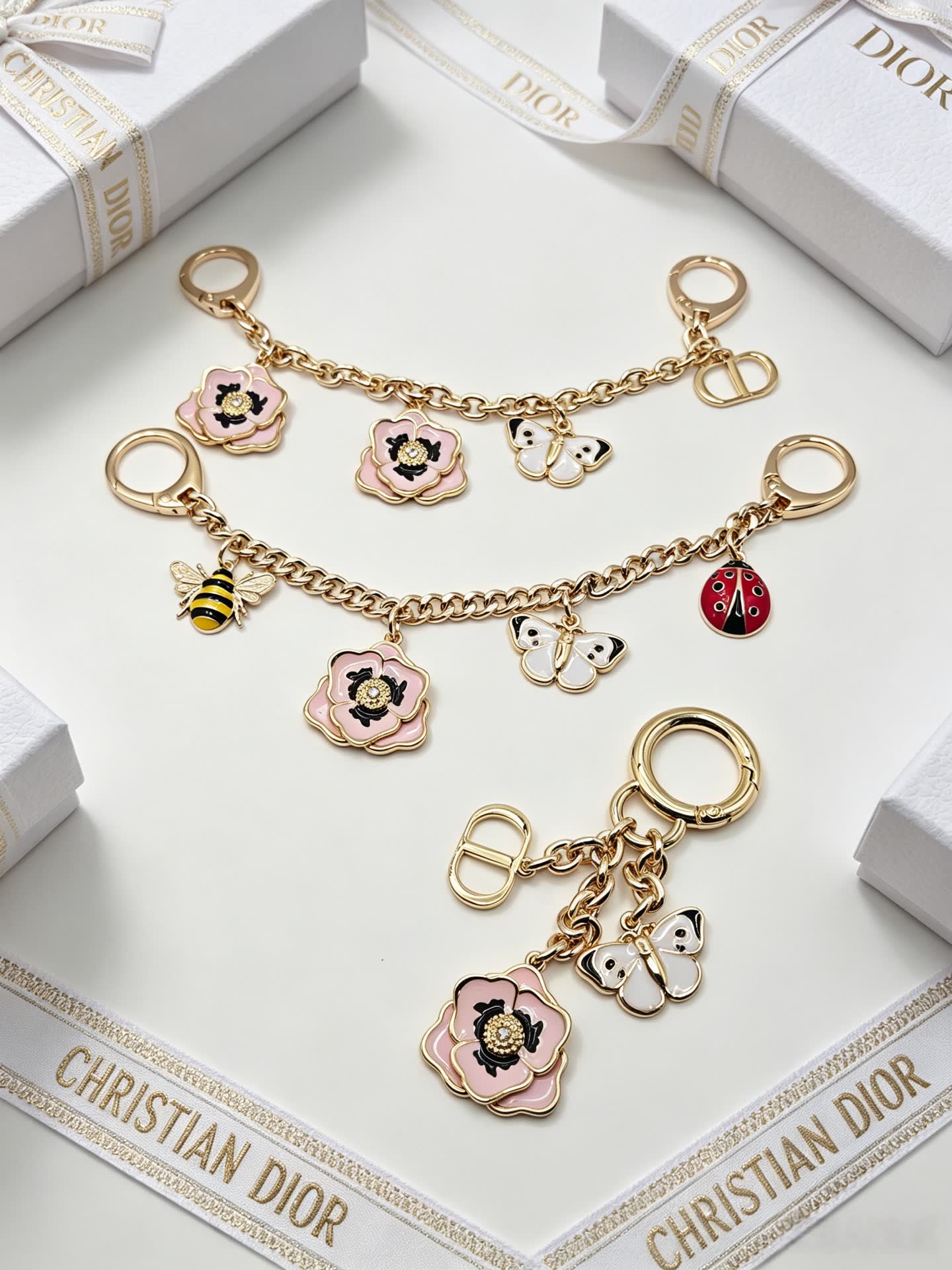 Christian Dior Gold-Tone Enamel Flower and Butterfly Keychain