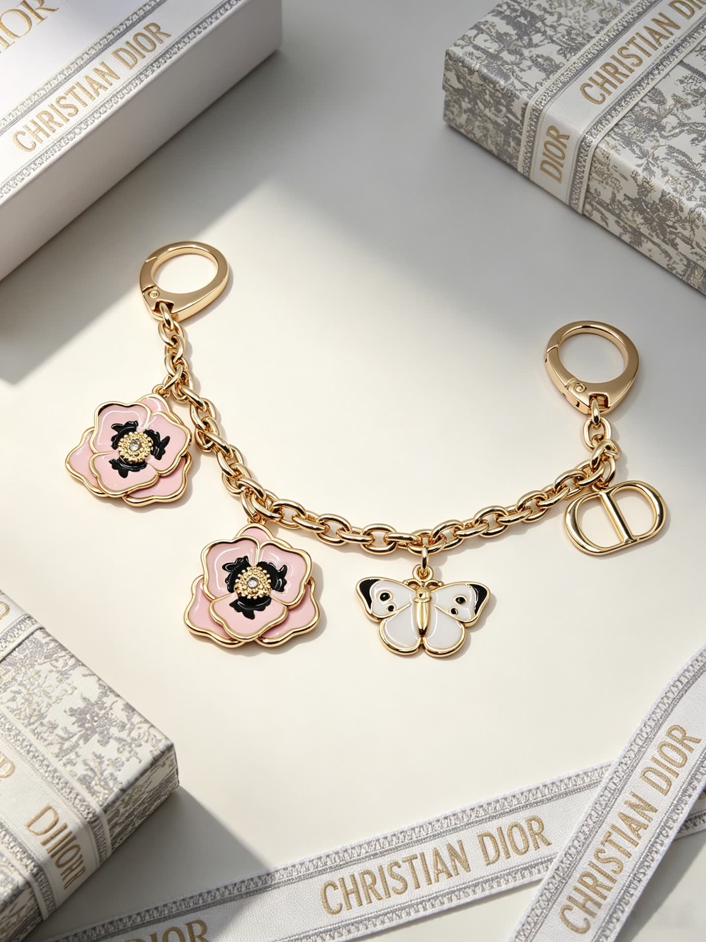 Christian Dior Gold-Tone Enamel Flower and Butterfly Keychain