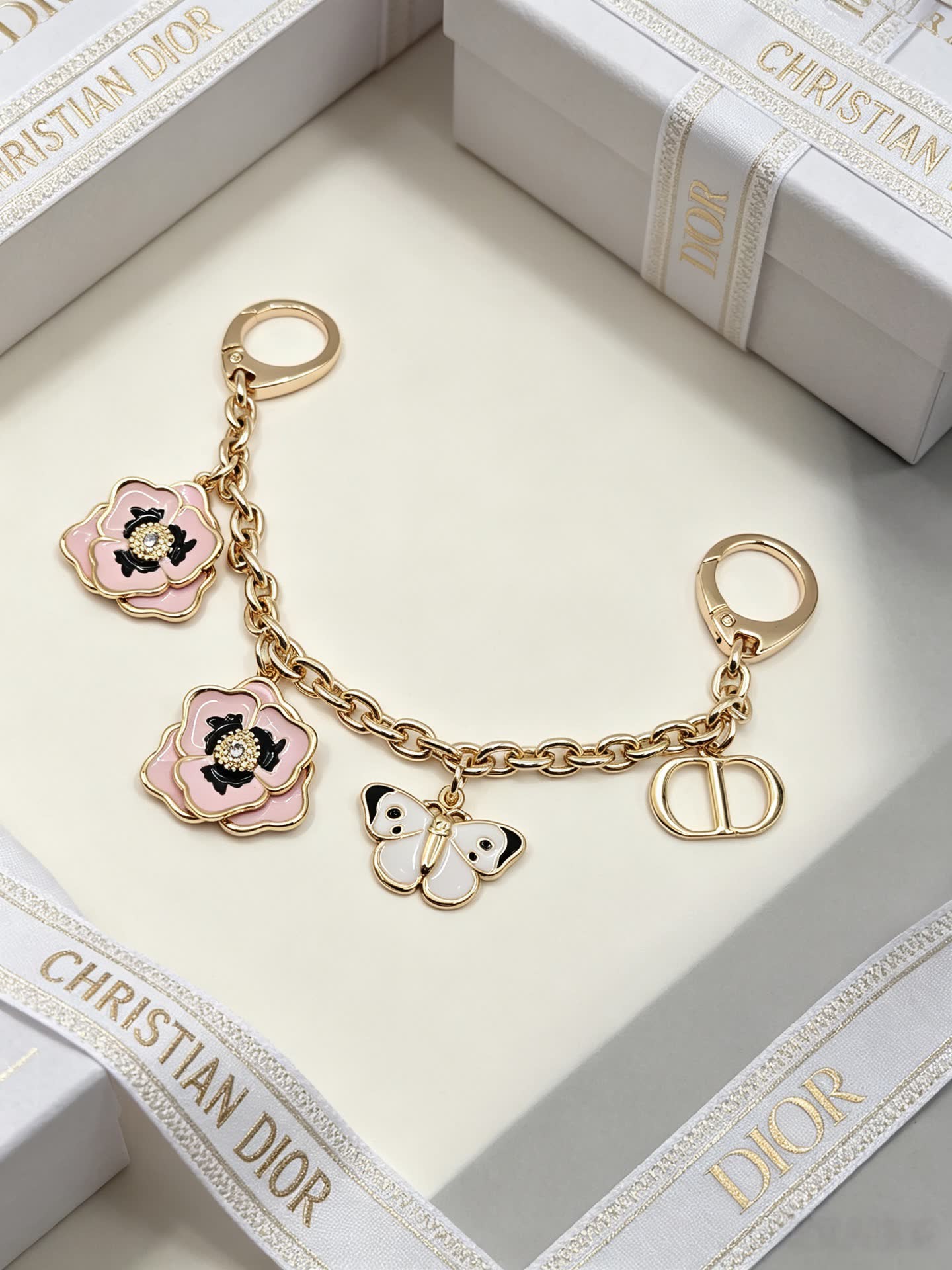 Christian Dior Gold-Tone Enamel Flower and Butterfly Keychain