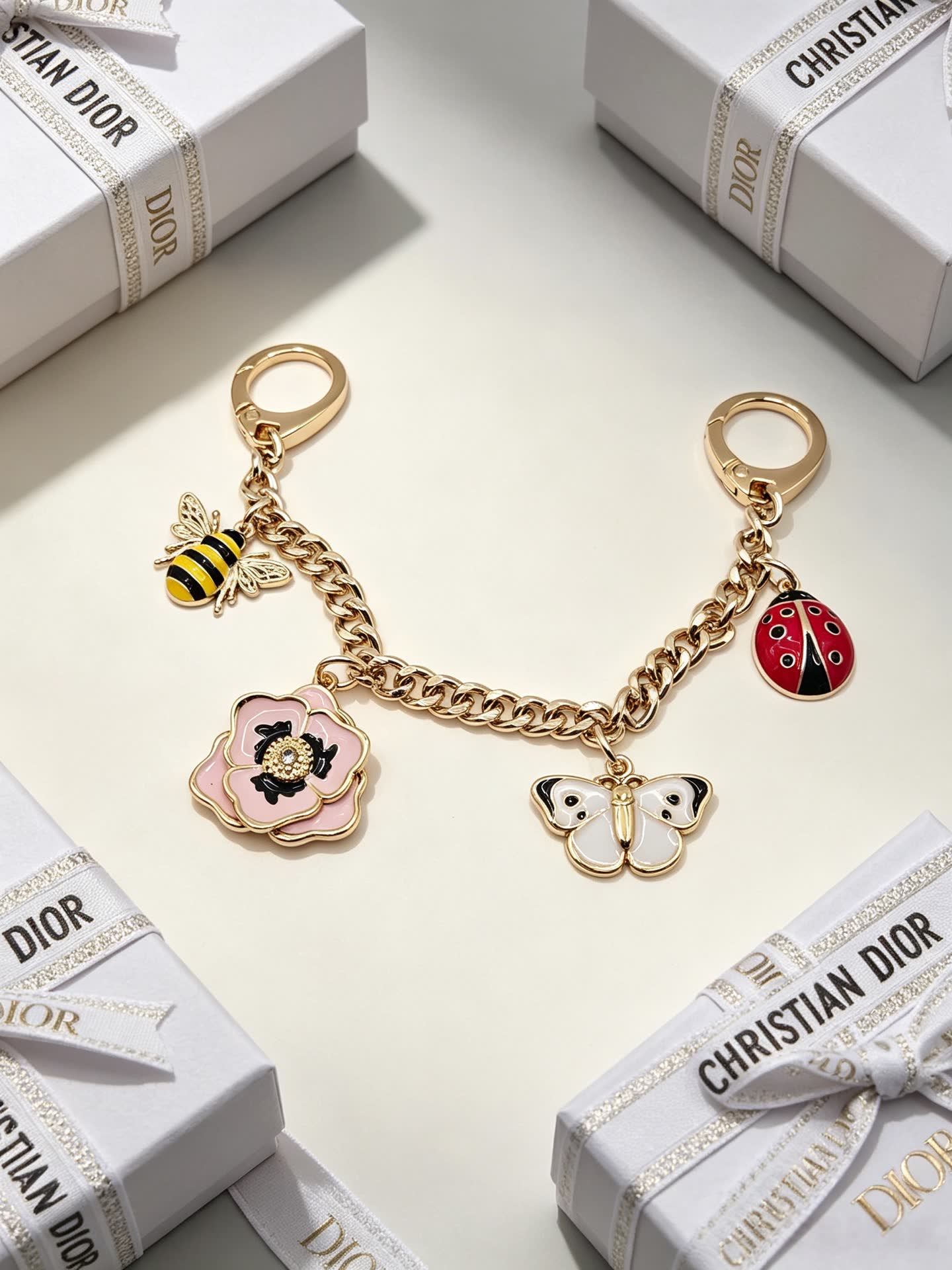 Christian Dior Gold-Tone Enamel Flower and Butterfly Keychain
