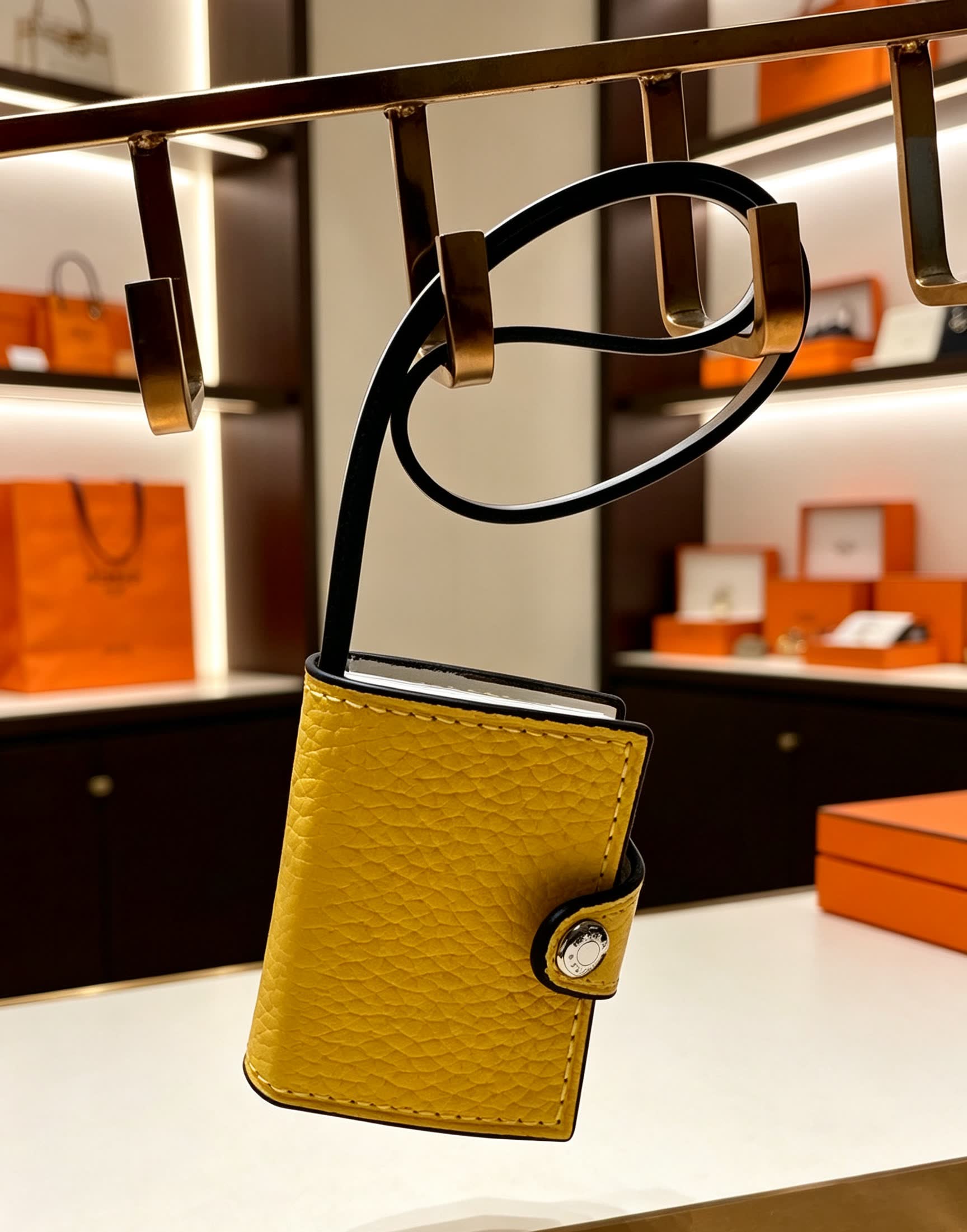 Hermes Yellow Leather Keychain with Strap