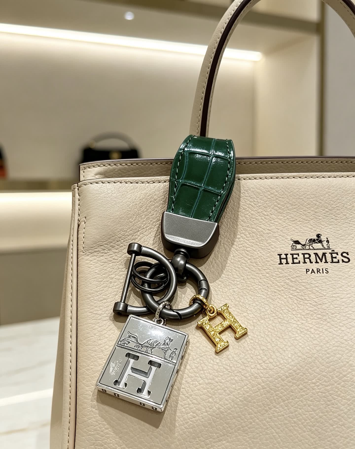 Hermes Hermès Paris Leather Bag Charm with Gold 'H' and Silver Plate Hermes Hermès Paris Leather Bag Charm with Gold 'H' and Silver Plate