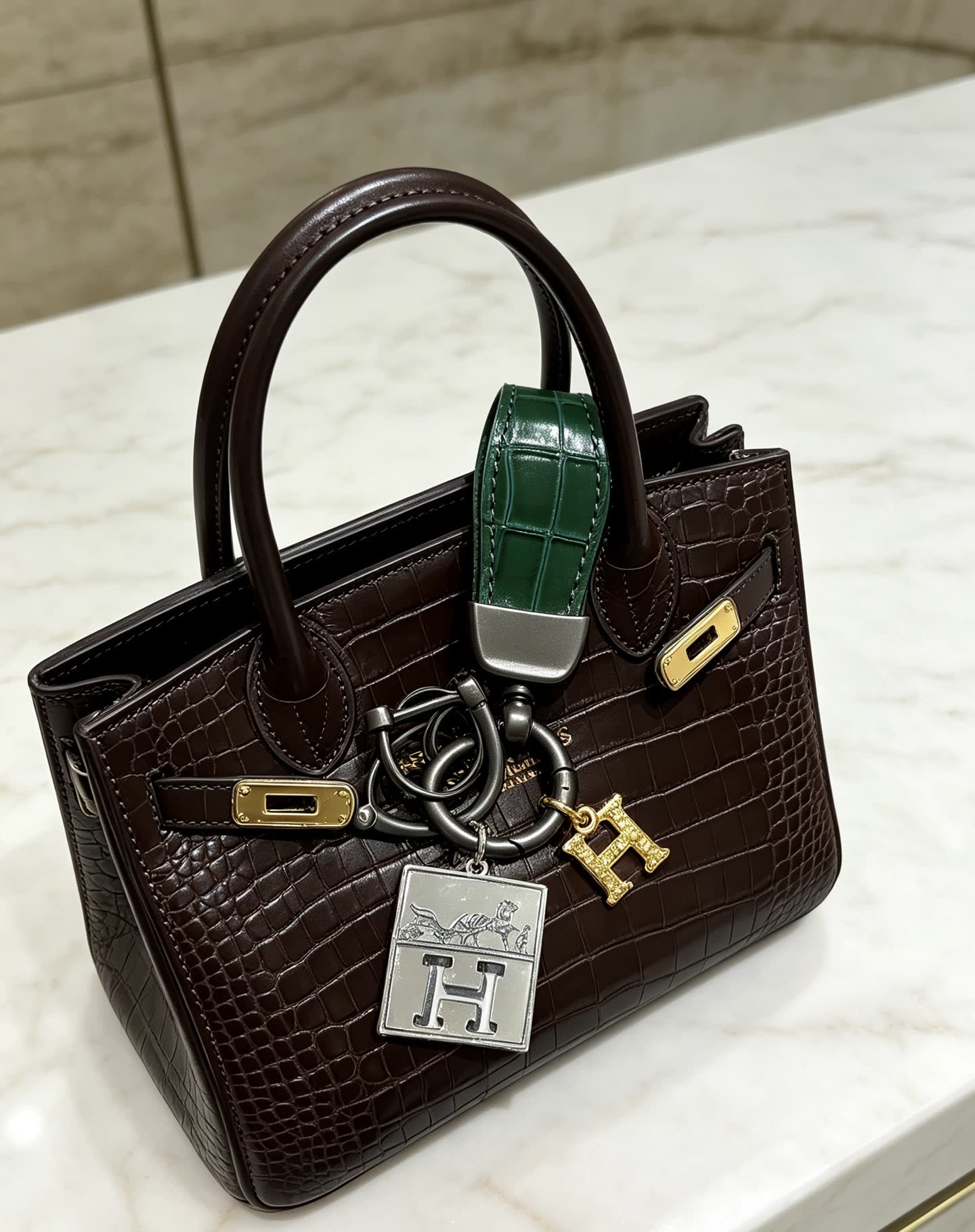 Hermes Hermès Paris Leather Bag Charm with Gold 'H' and Silver Plate