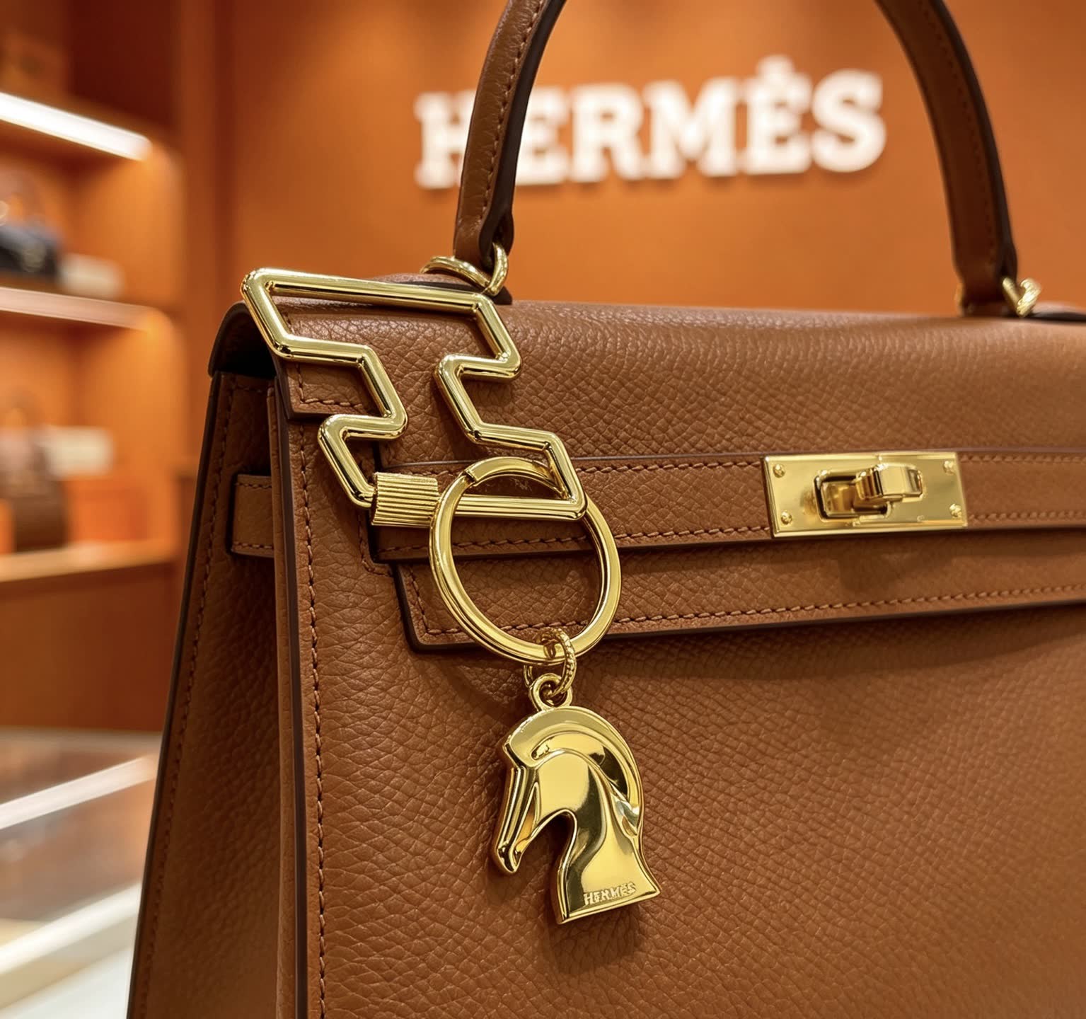 Hermès Gold-Tone Leather Keychain with Horse Head Charm