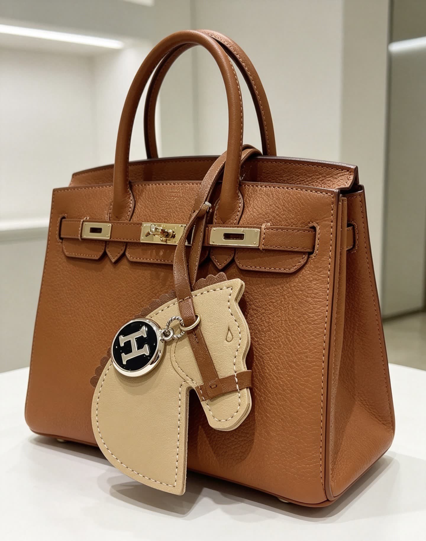 Hermes Leather Handbag with Horse Head Keychain Hermes Leather Handbag with Horse Head Keychain