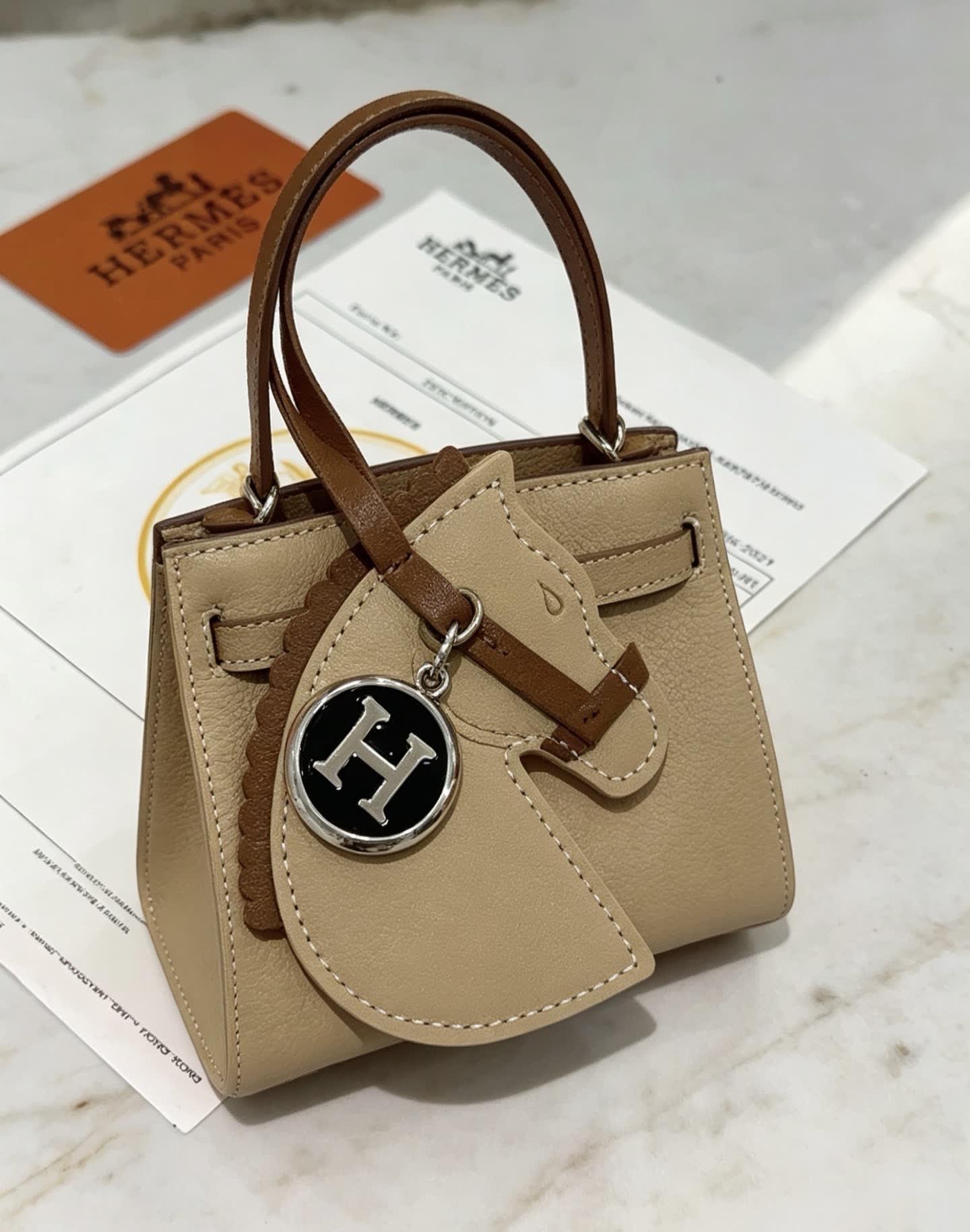Hermes Leather Handbag with Horse Head Keychain