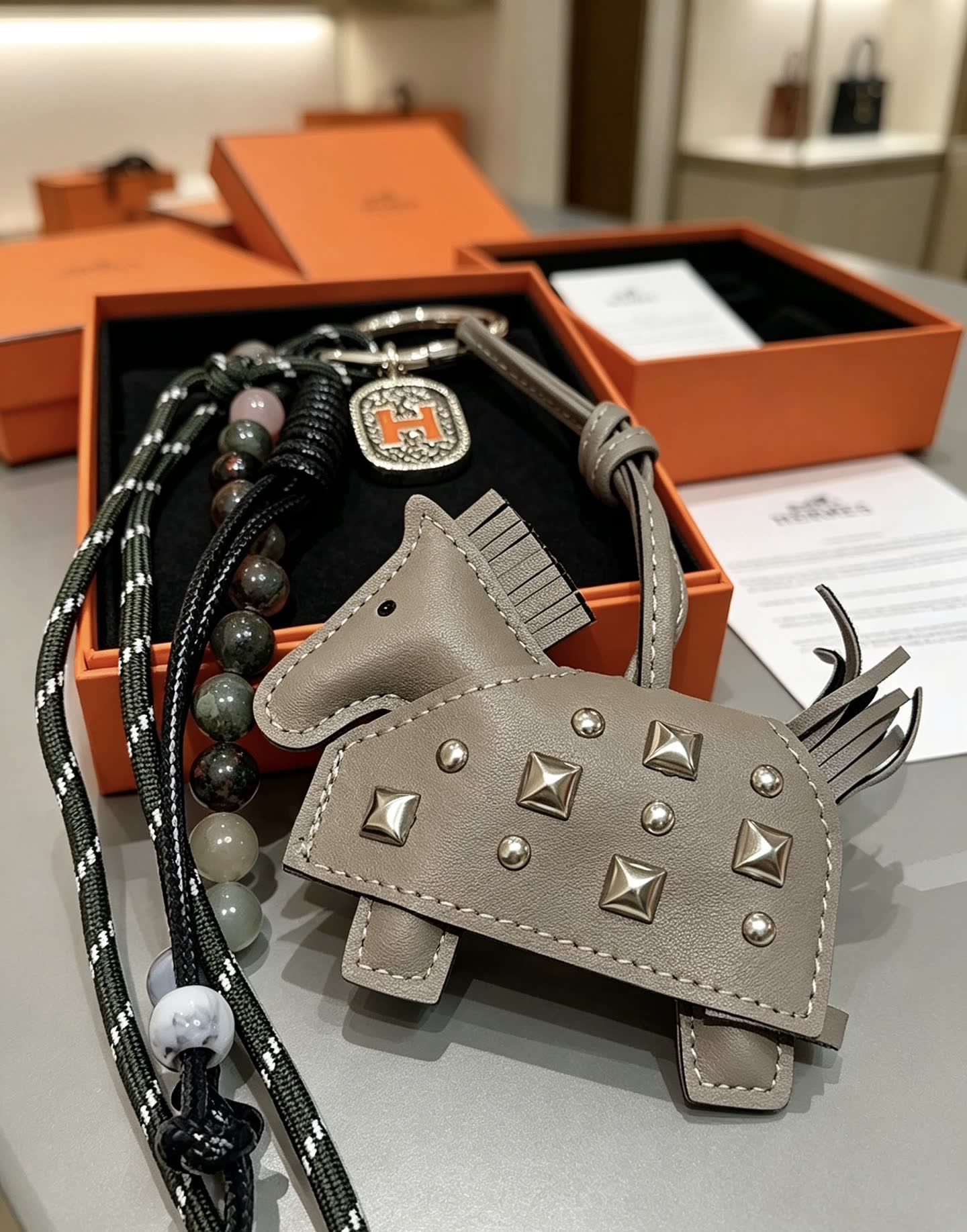 Hermes Hermès Keychain with Beaded Strap and Leather Goat Charm