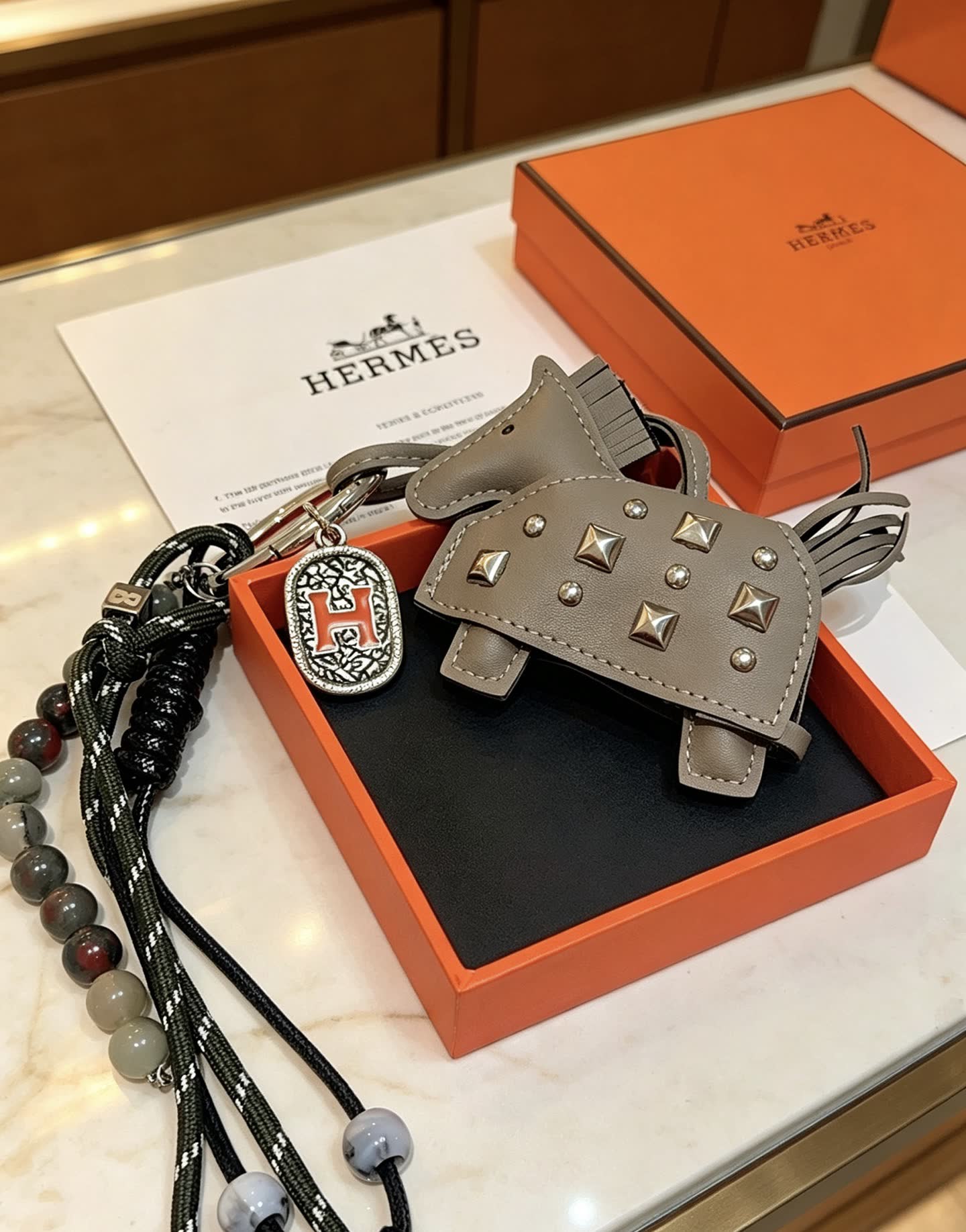 Hermes Hermès Keychain with Beaded Strap and Leather Goat Charm
