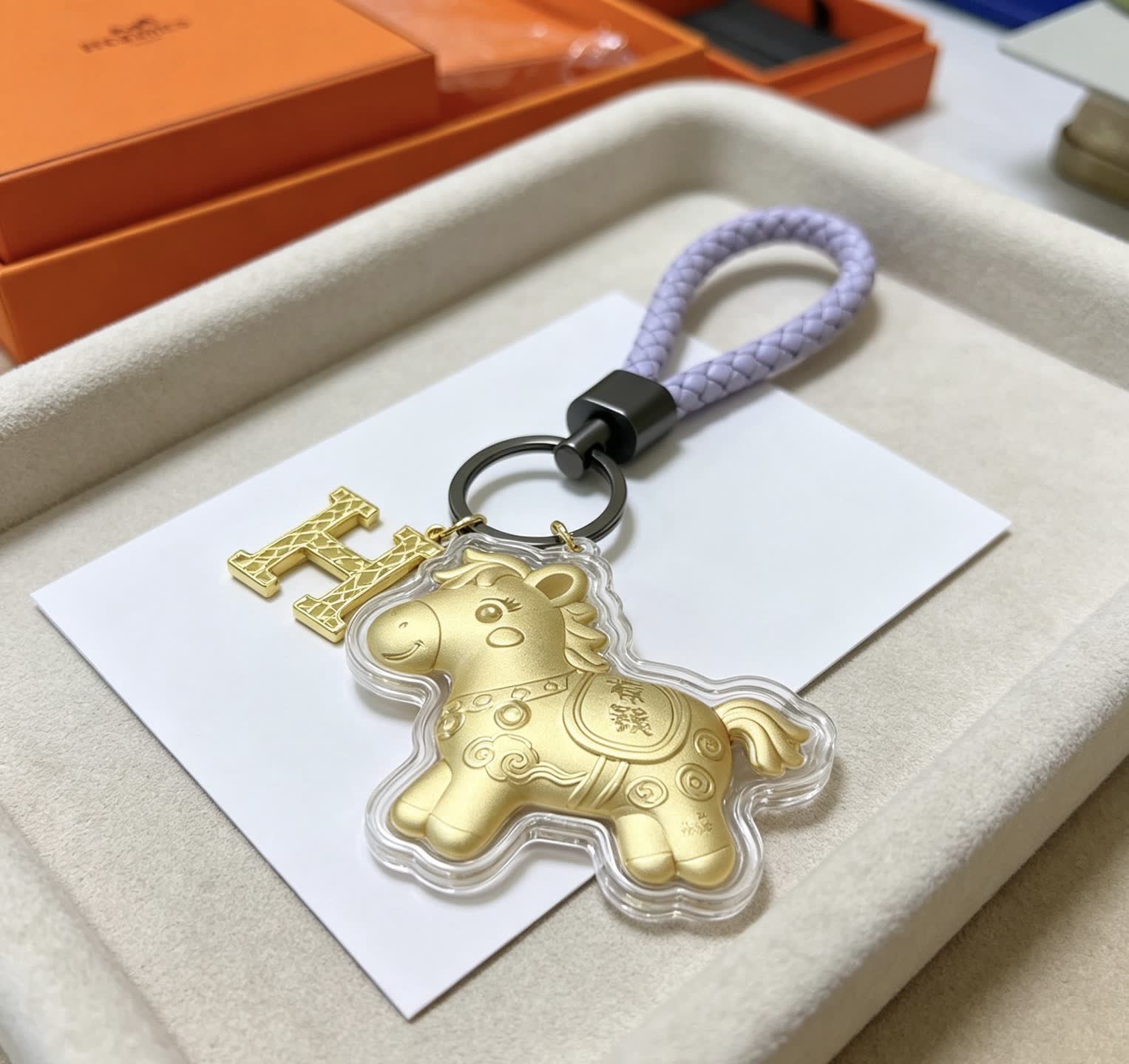 Hermes Hermès Keychain with Gold Horse Charm