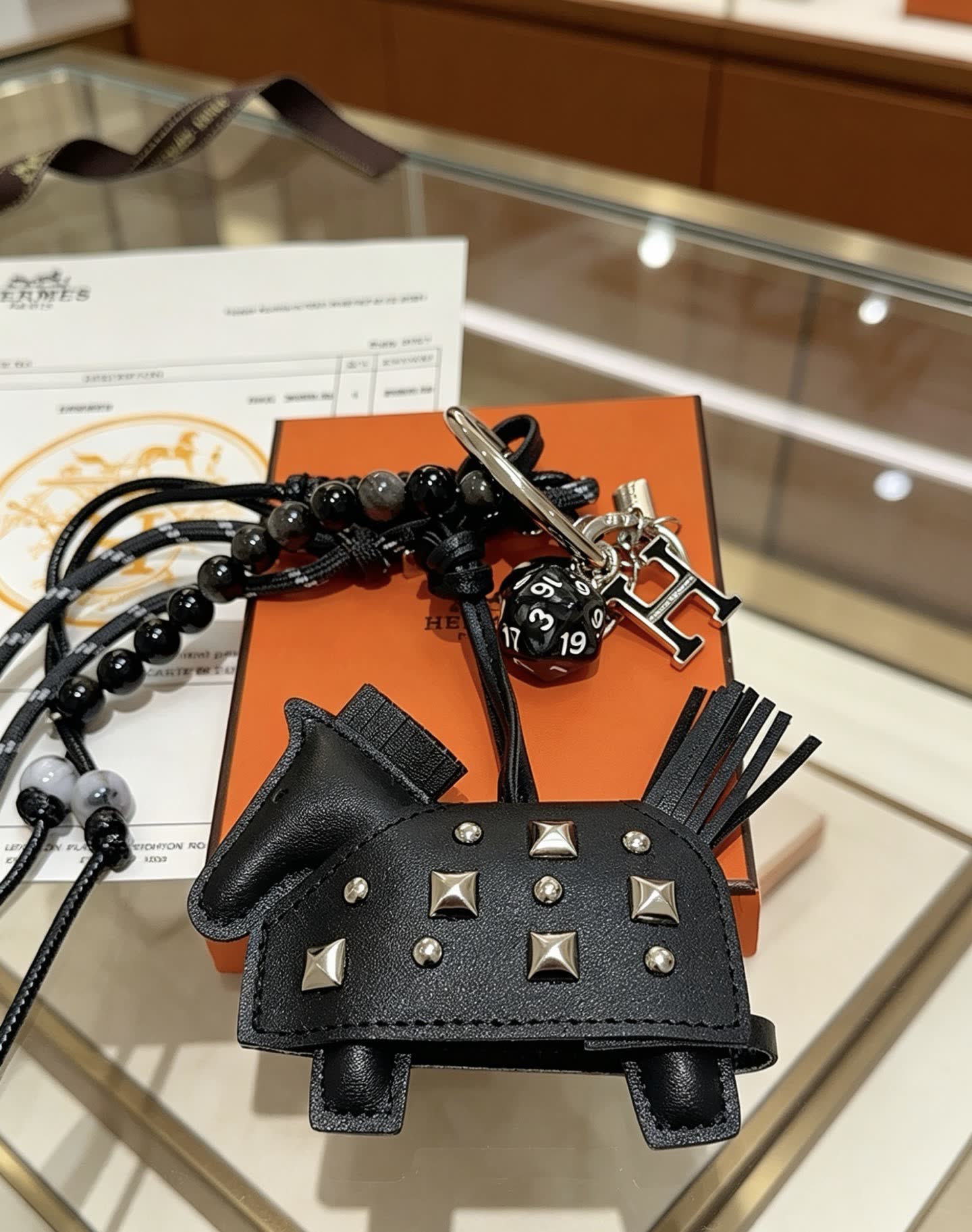 Hermes Hermès Black Leather Keychain with Studs and Beads Hermes Hermès Black Leather Keychain with Studs and Beads