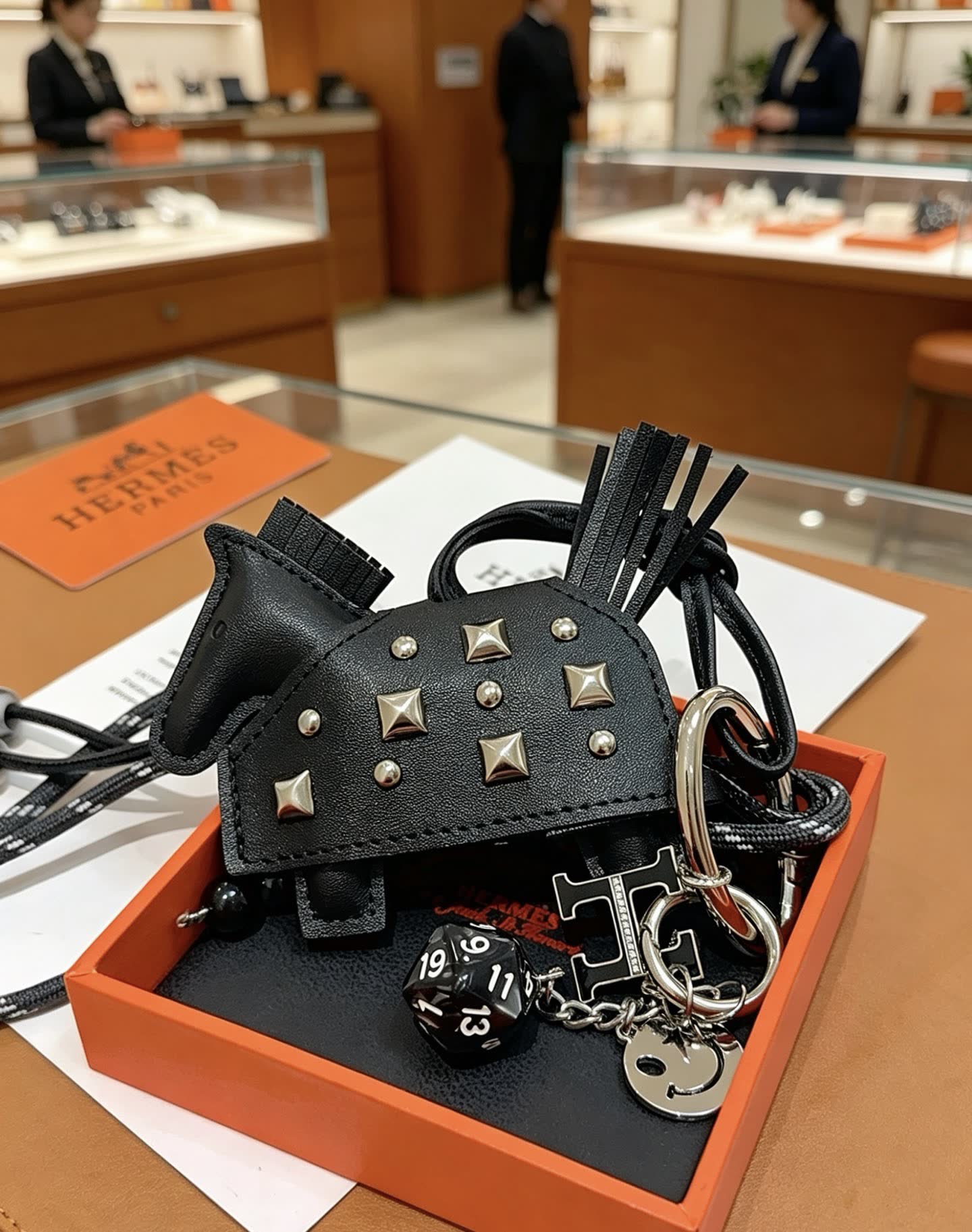 Hermes Hermès Black Leather Keychain with Studs and Beads