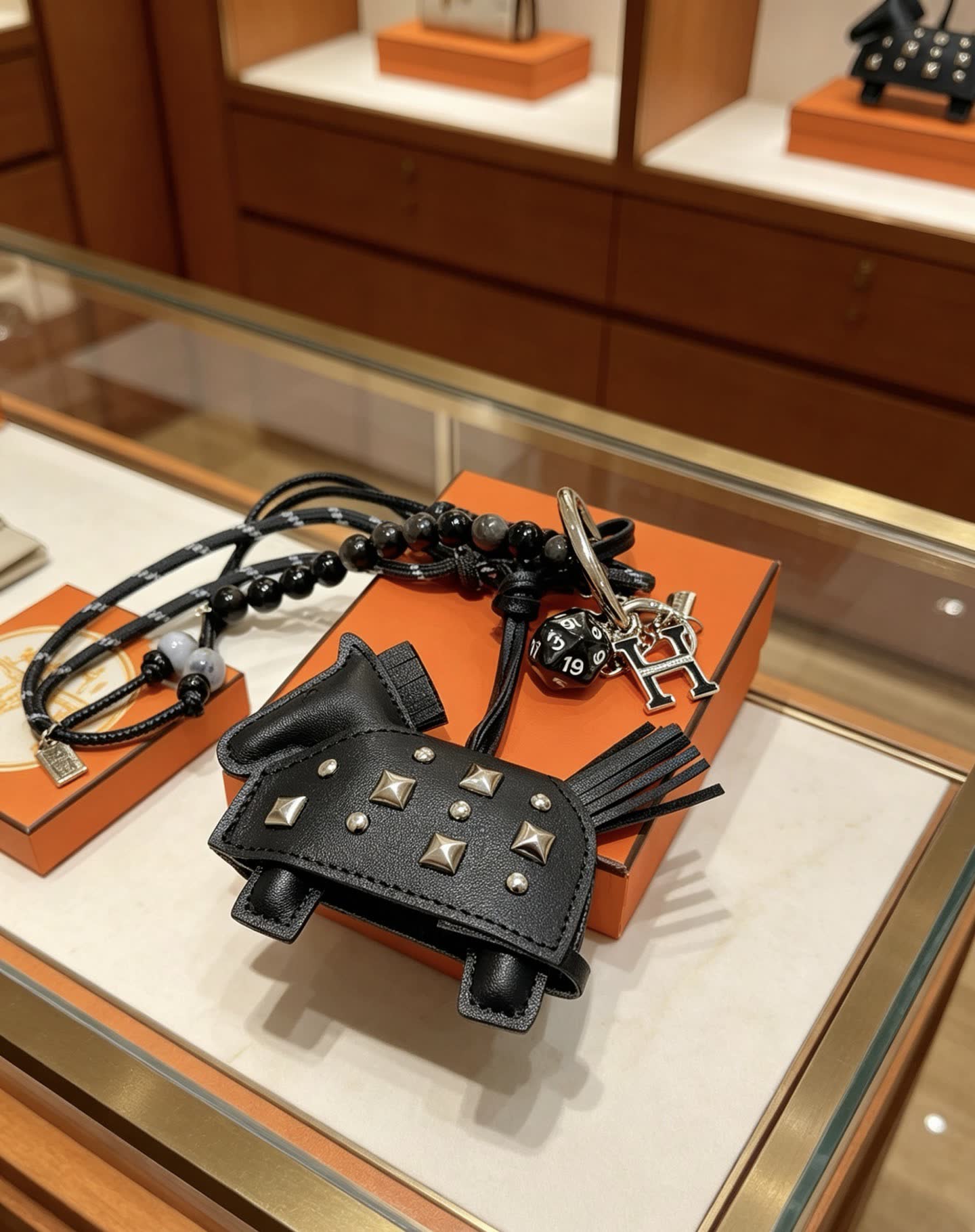 Hermes Hermès Black Leather Keychain with Studs and Beads