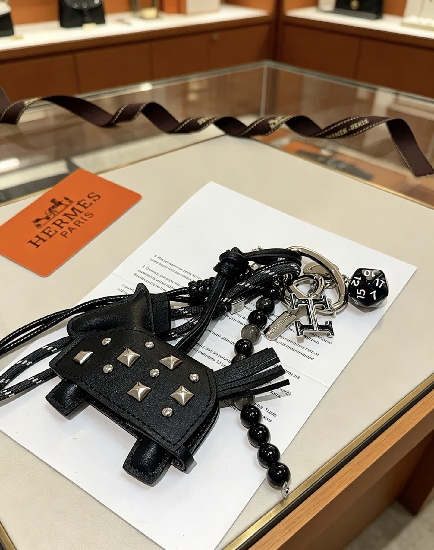 Hermes Hermès Black Leather Keychain with Studs and Beads