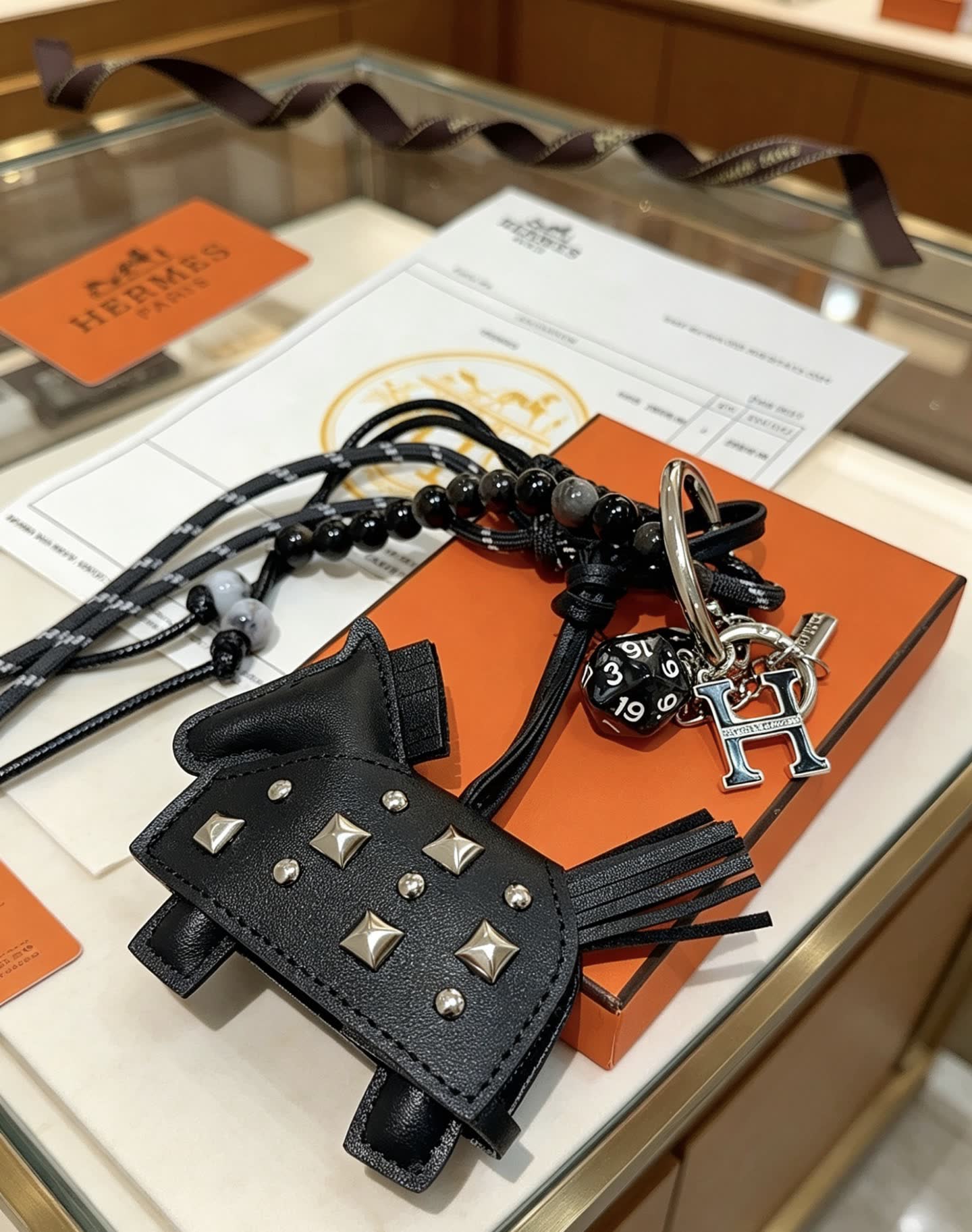 Hermes Hermès Black Leather Keychain with Studs and Beads
