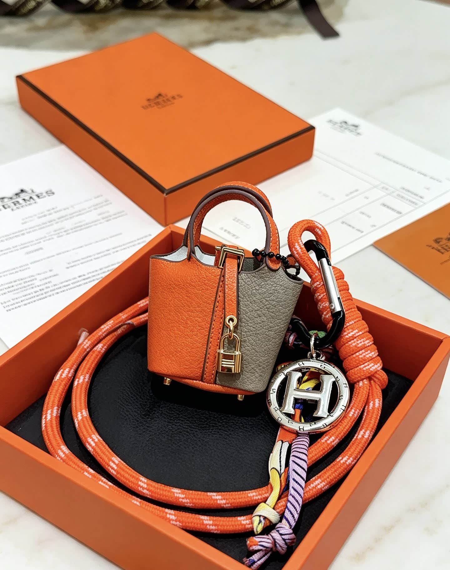 Hermes Hermès Orange Leather Keychain with Lock and Carabiner