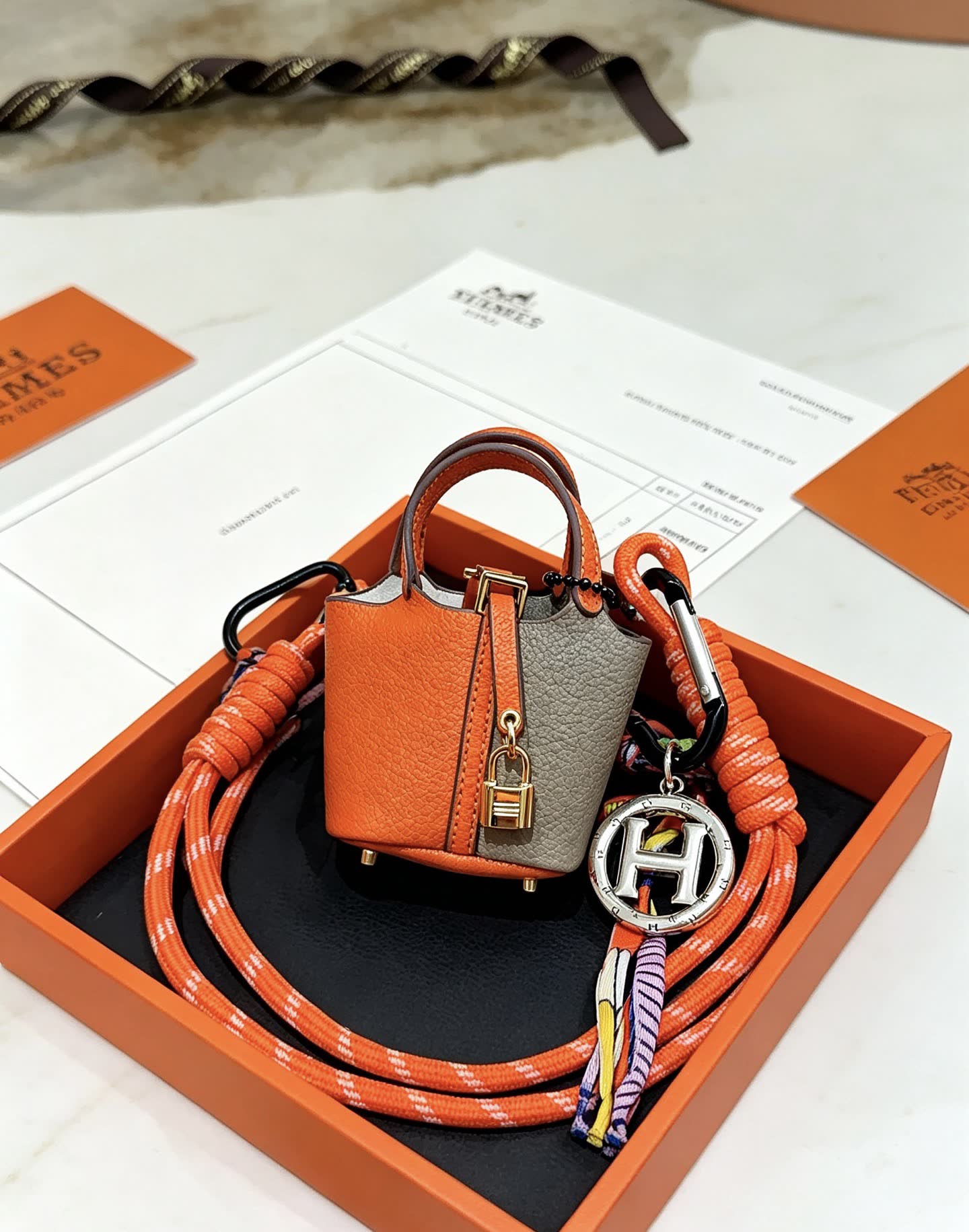 Hermes Hermès Orange Leather Keychain with Lock and Carabiner