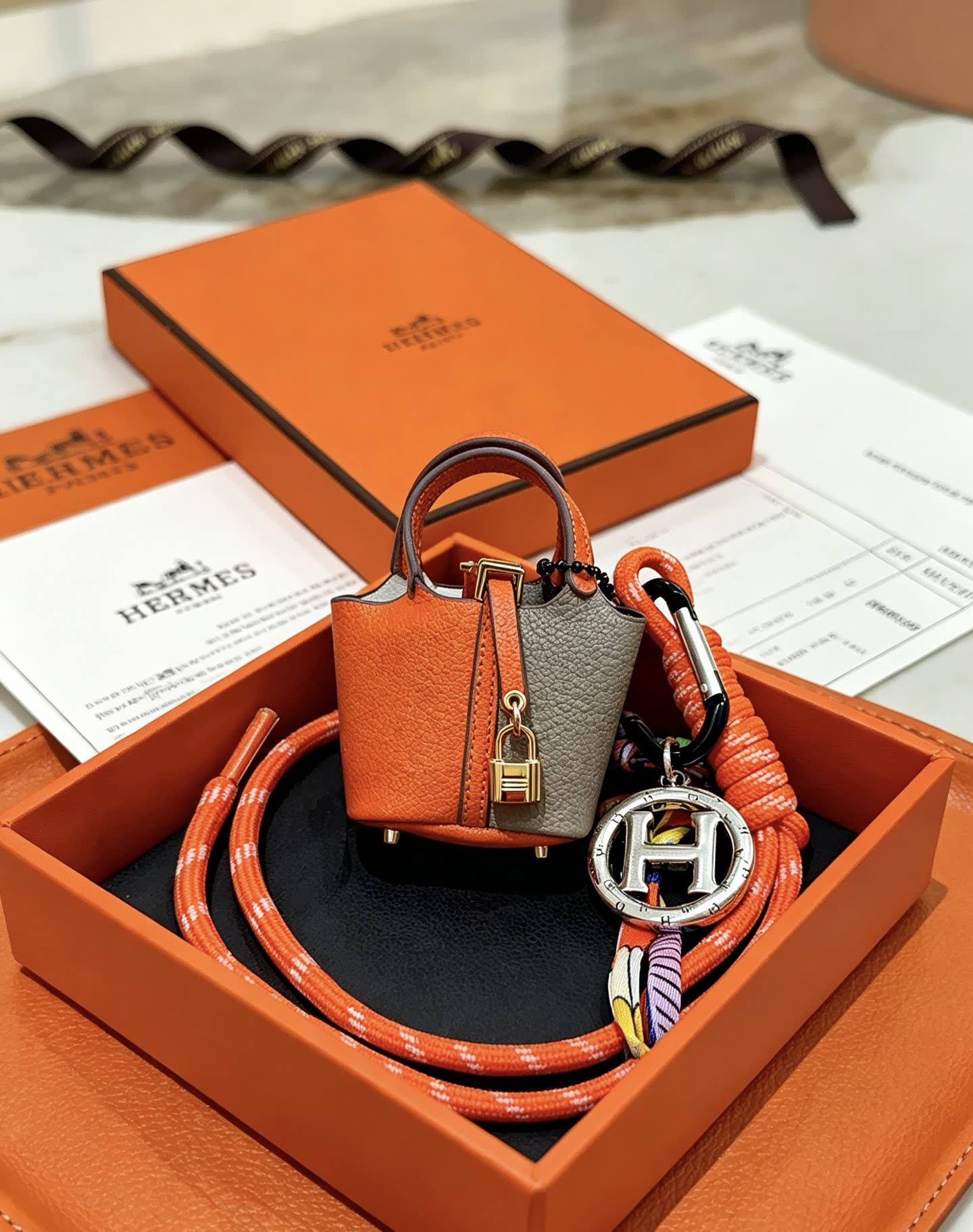 Hermes Hermès Orange Leather Keychain with Lock and Carabiner