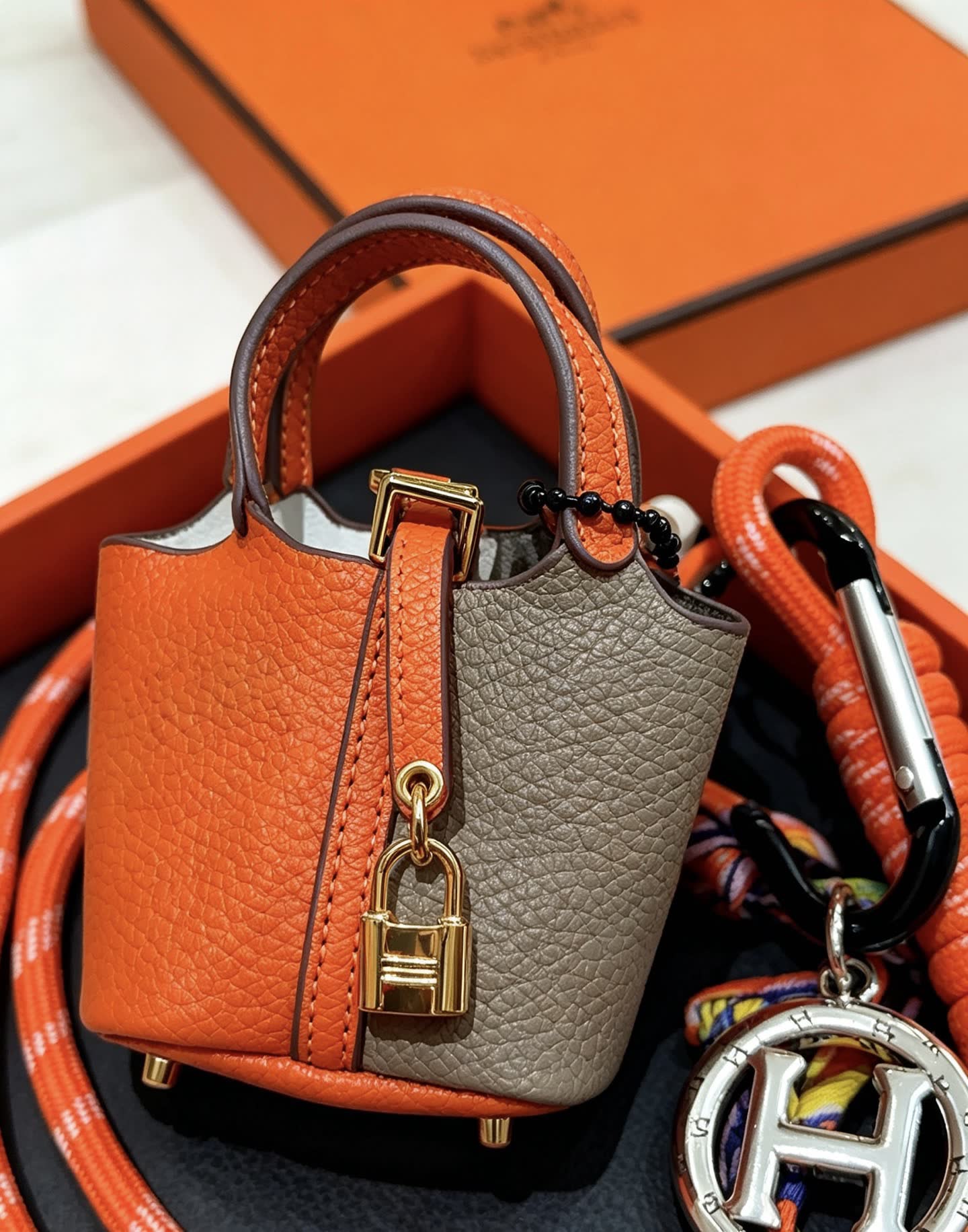Hermes Hermès Orange Leather Keychain with Lock and Carabiner