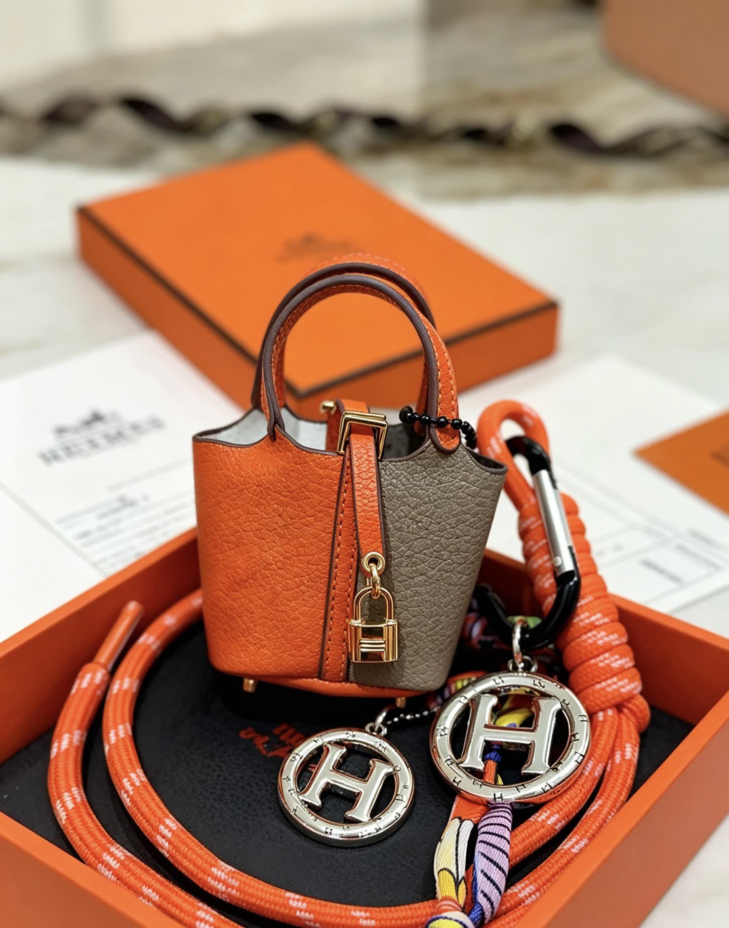 Hermes Hermès Orange Leather Keychain with Lock and Carabiner