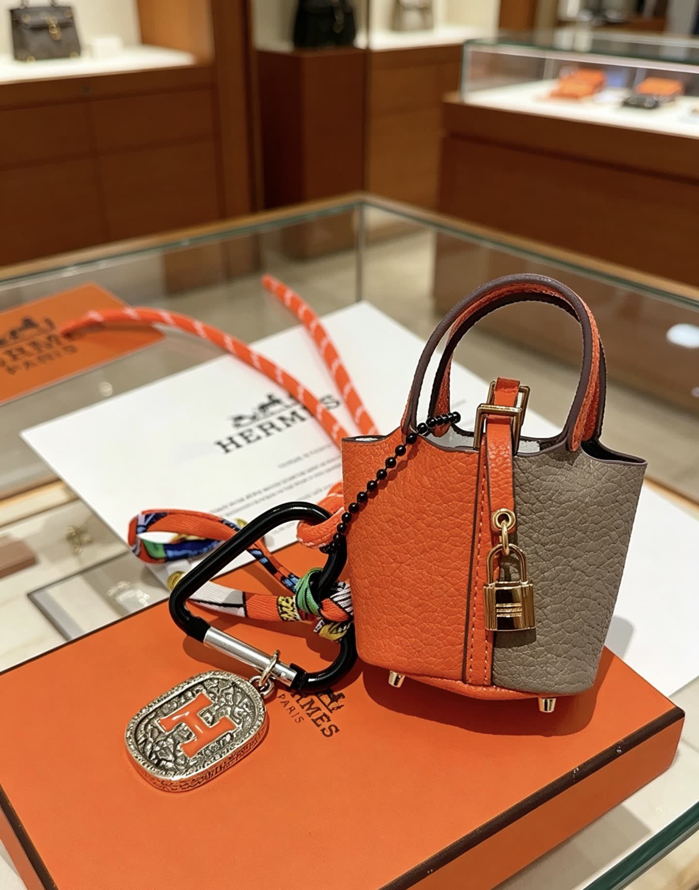 Hermes Hermès Paris Orange Leather Keychain with Carabiner
