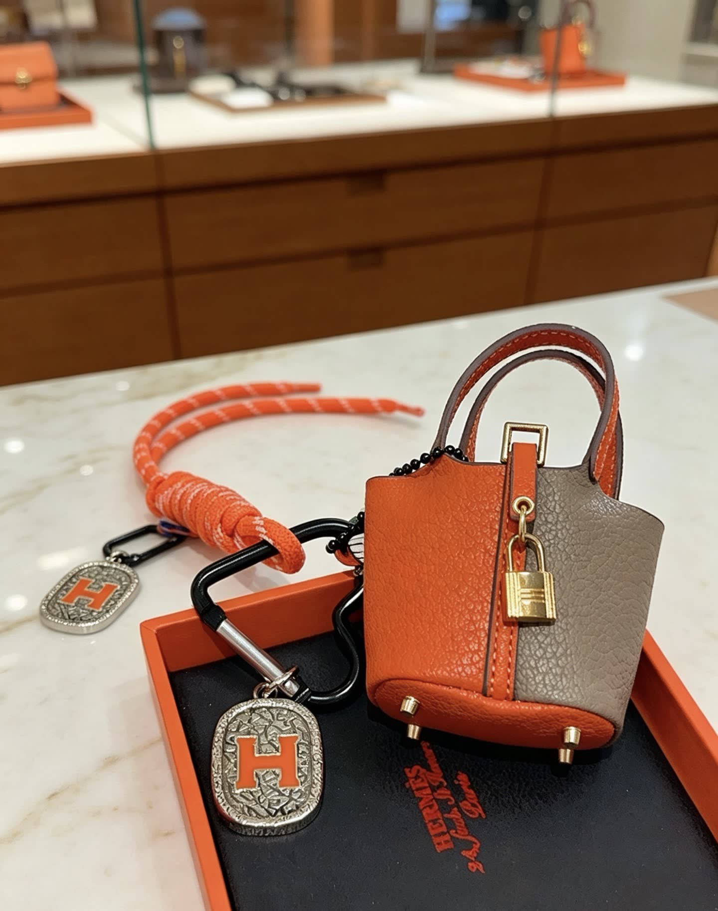 Hermes Hermès Paris Orange Leather Keychain with Carabiner