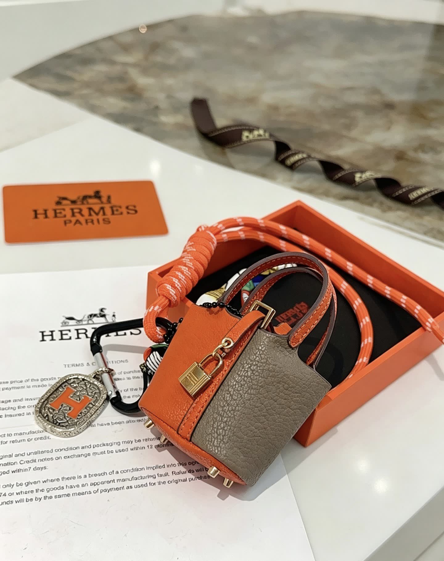 Hermes Hermès Paris Orange Leather Keychain with Carabiner
