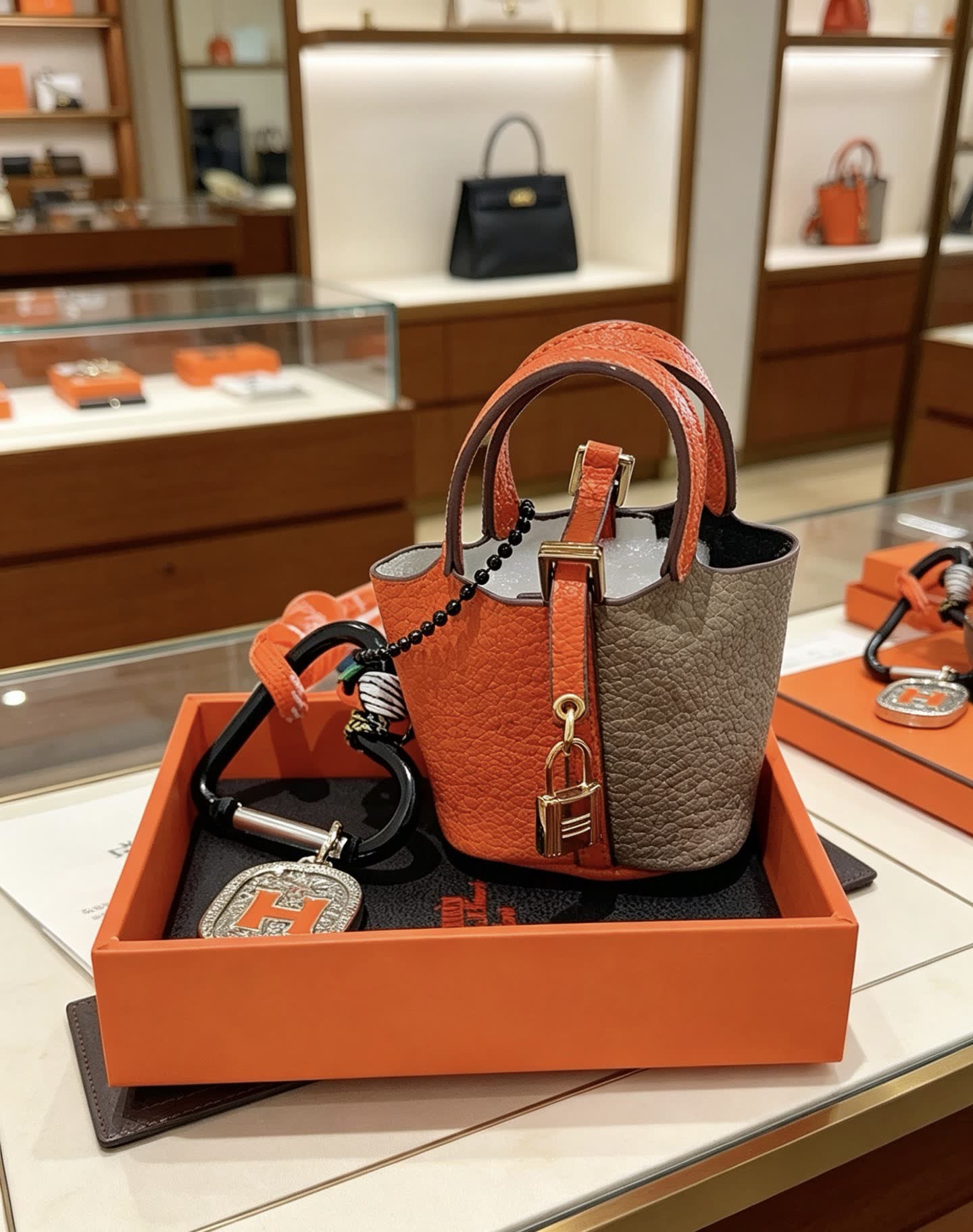 Hermes Hermès Paris Orange Leather Keychain with Carabiner