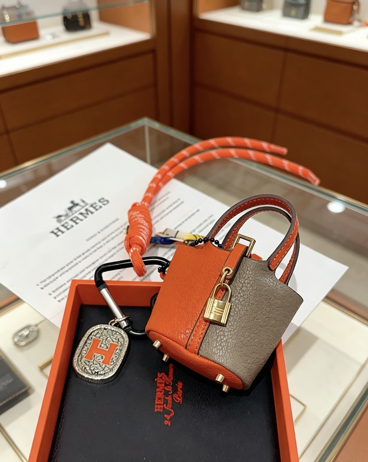 Hermes Hermès Paris Orange Leather Keychain with Carabiner