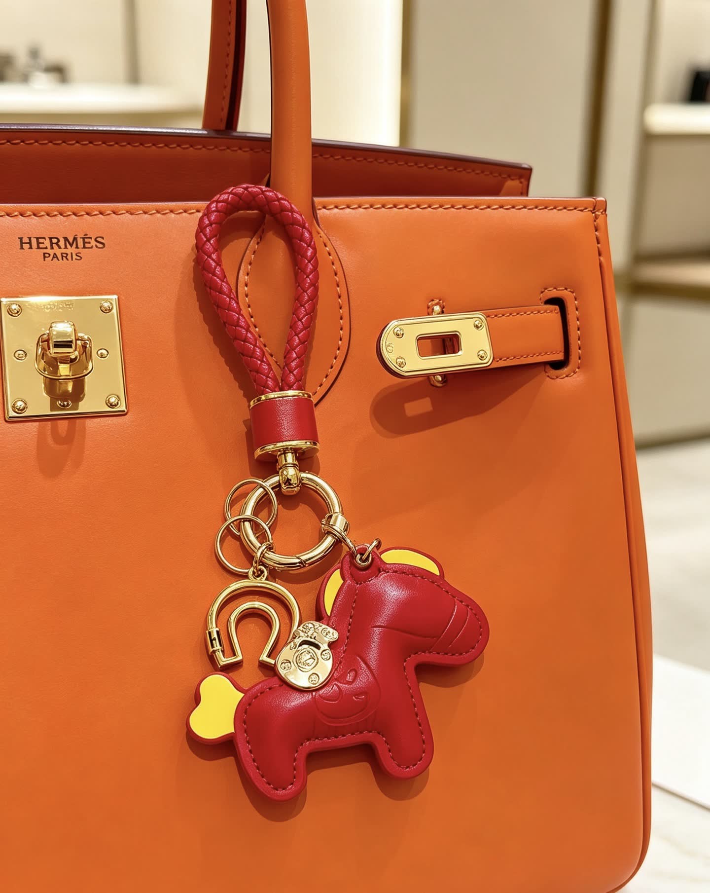 Hermes Hermès Paris Leather Keychain with Red and Gold Horseshoe Charm