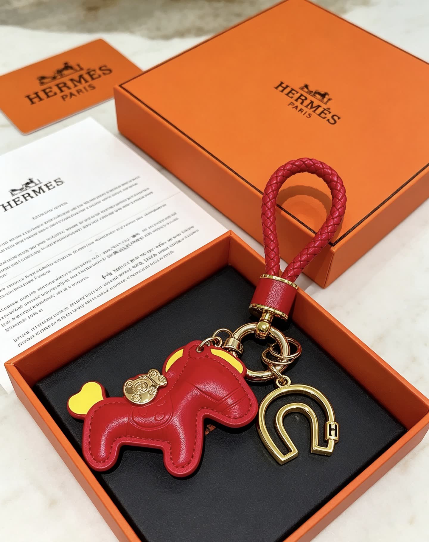 Hermes Hermès Paris Leather Keychain with Red and Gold Horseshoe Charm
