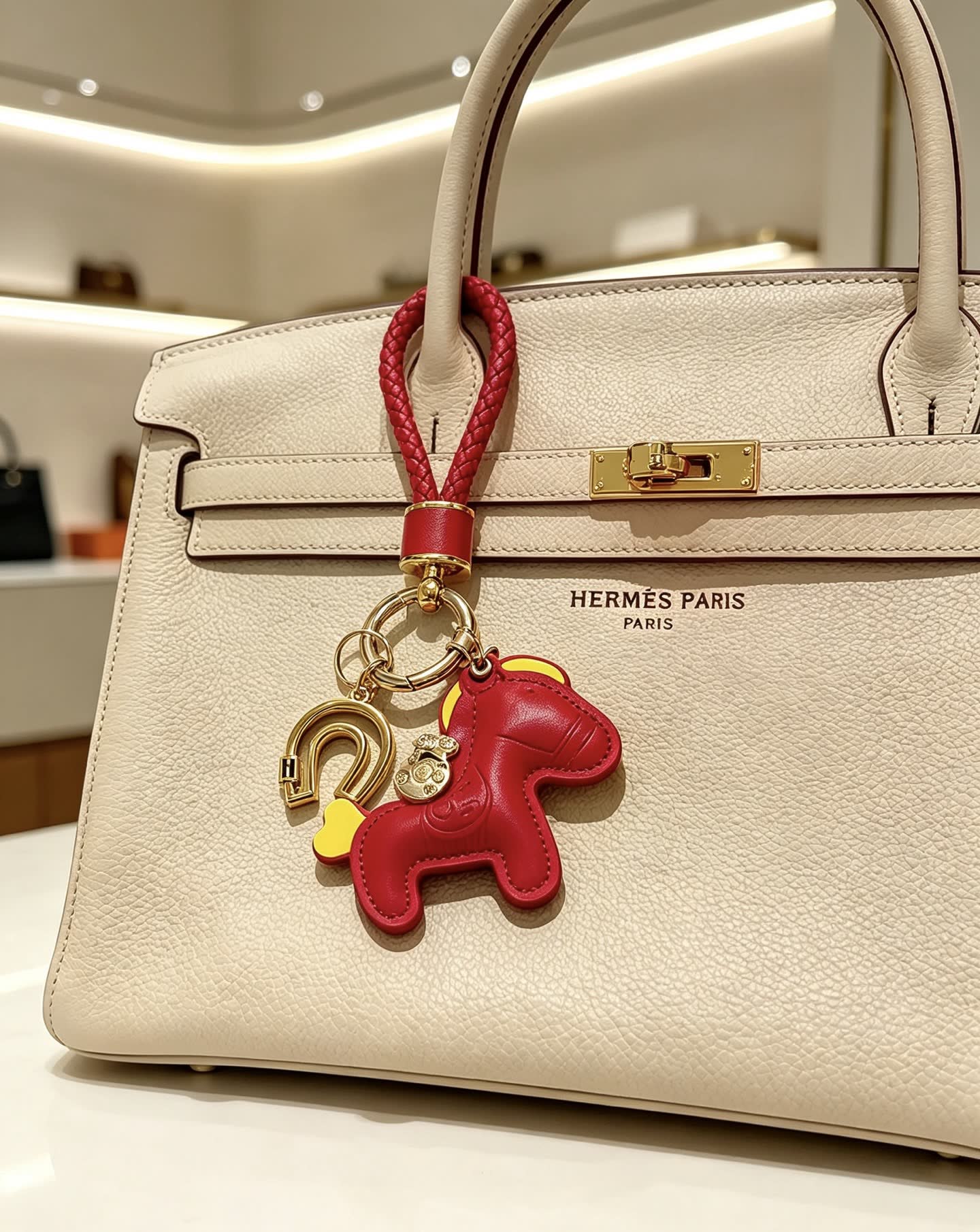 Hermes Hermès Paris Leather Keychain with Red and Gold Horseshoe Charm