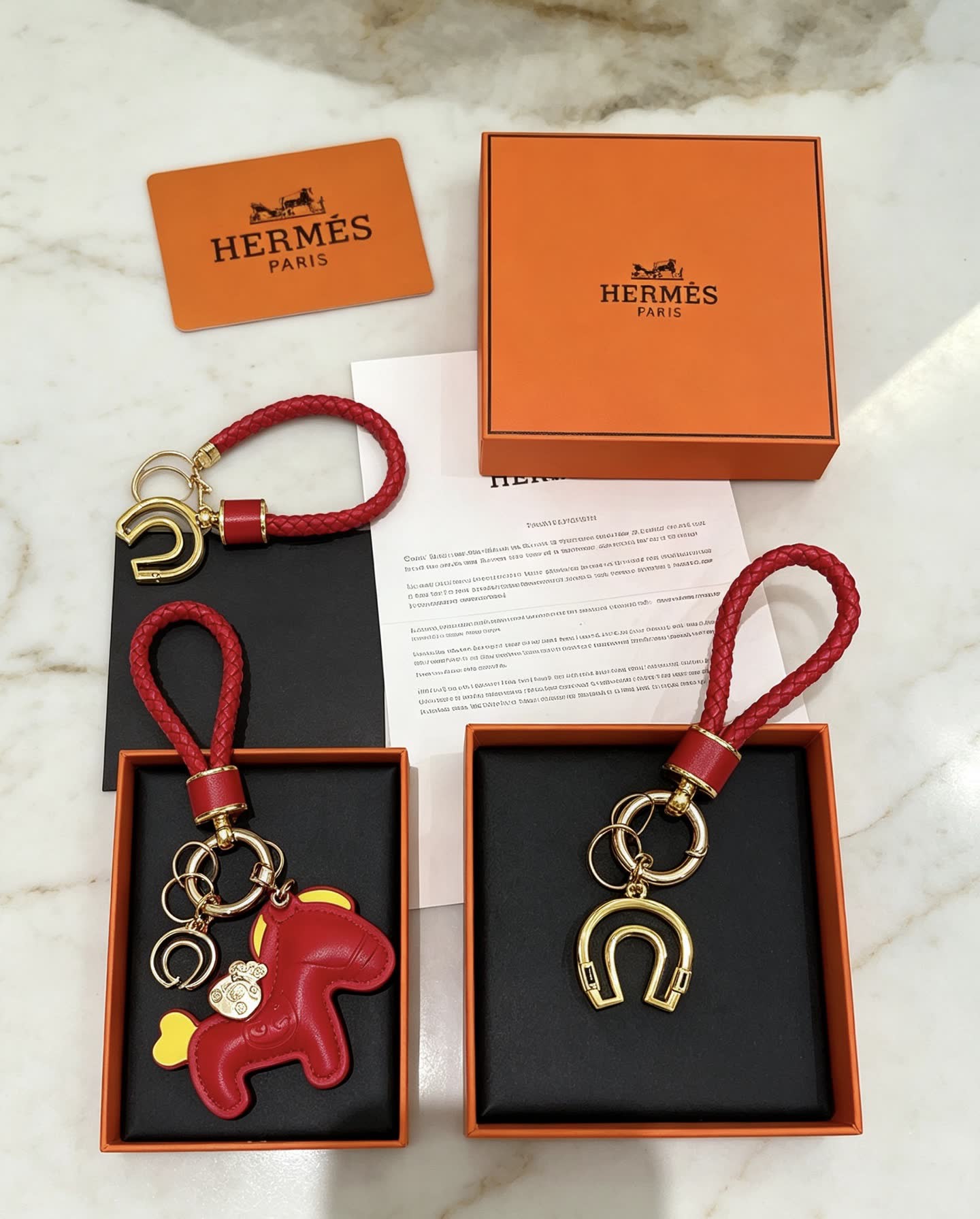 Hermes Hermès Paris Leather Keychain with Red and Gold Horseshoe Charm
