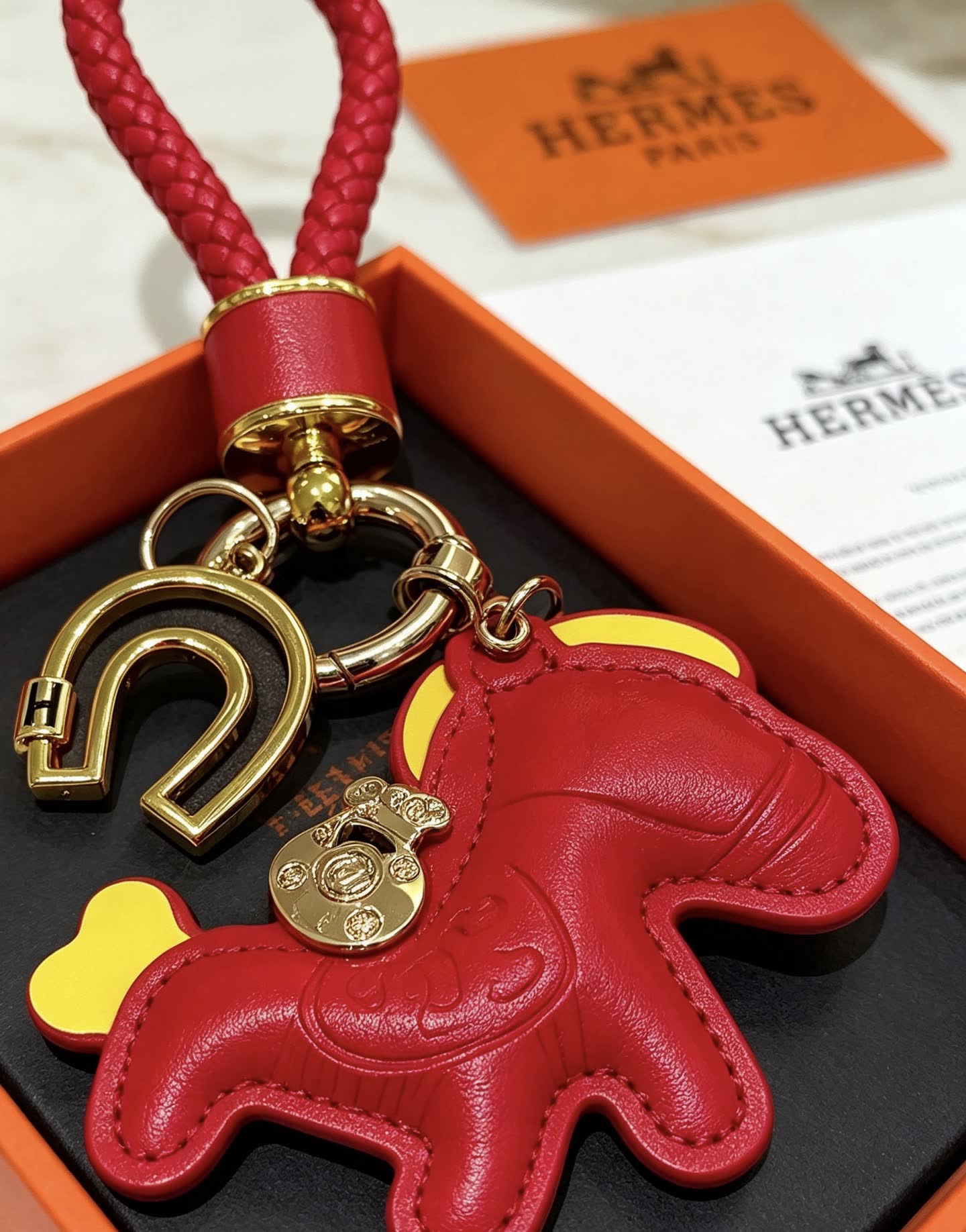 Hermes Hermès Paris Leather Keychain with Red and Gold Horseshoe Charm