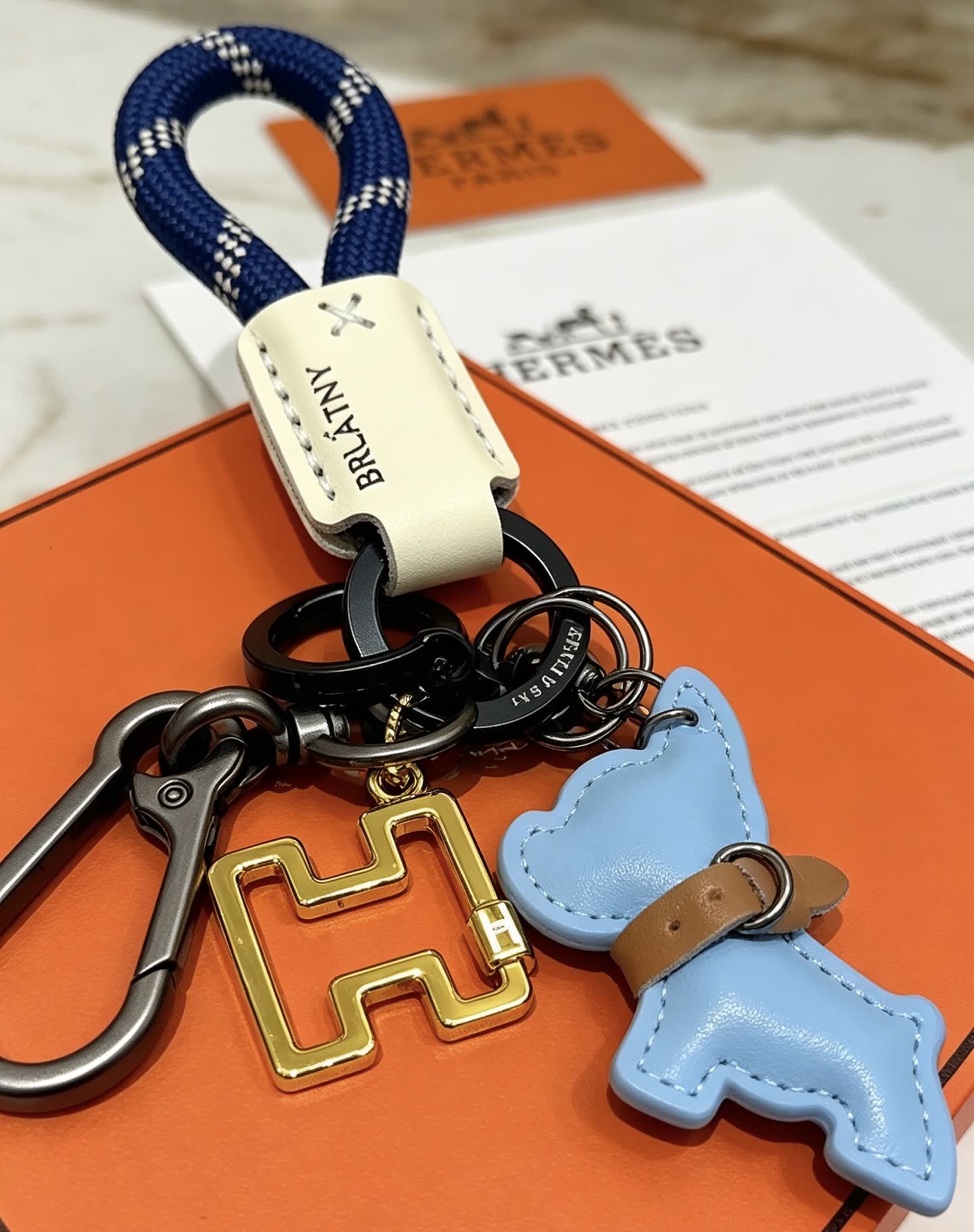 Hermes Blue Leather Dog Keychain