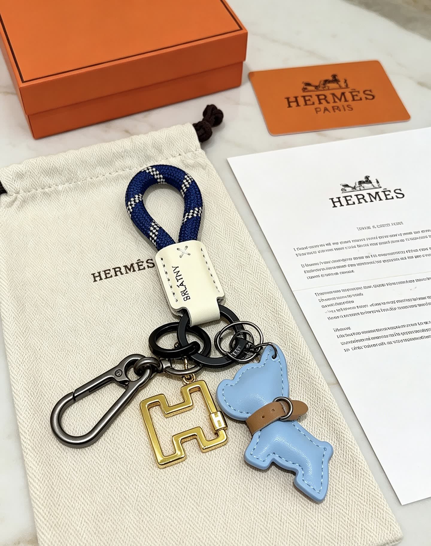 Hermes Blue Leather Dog Keychain
