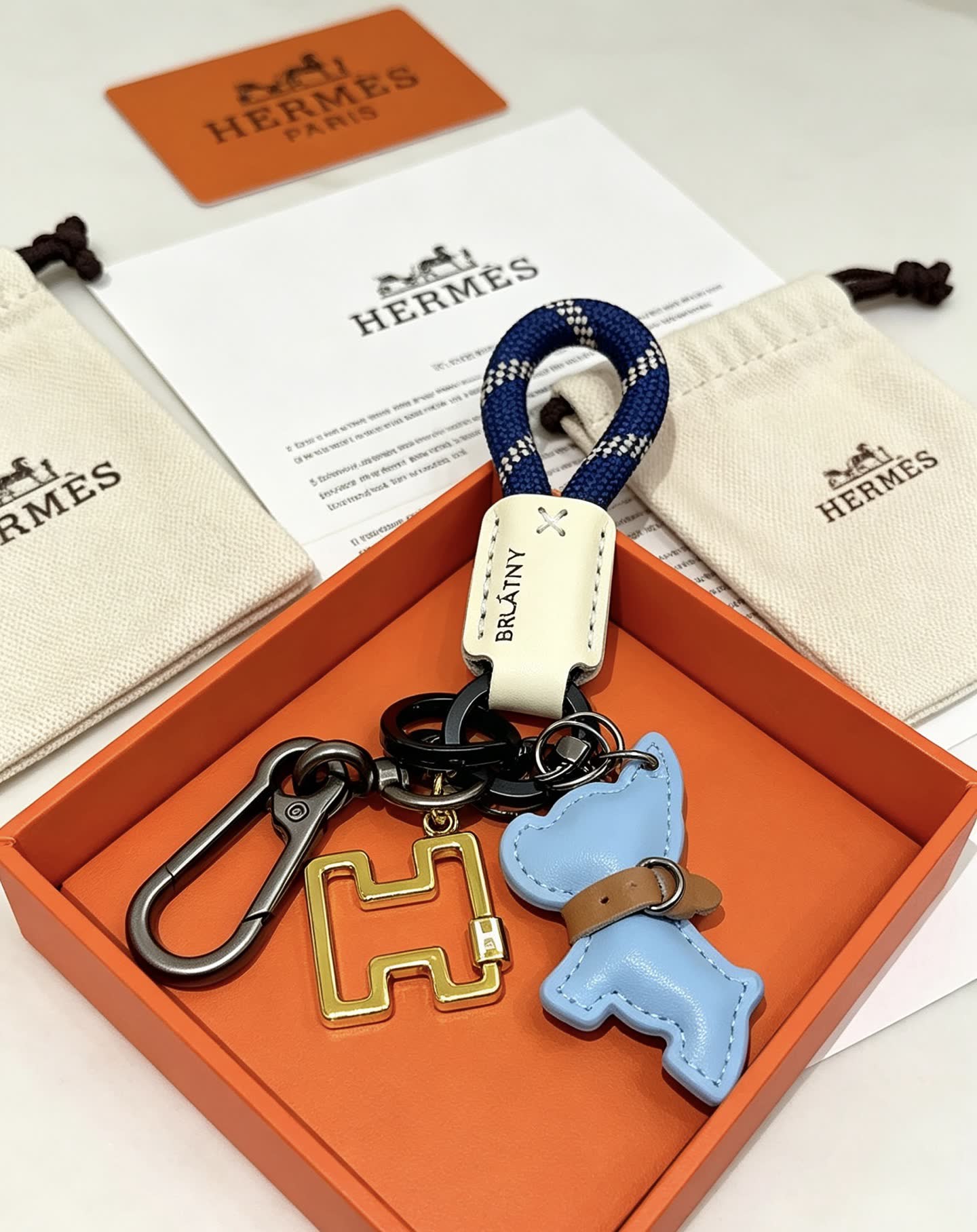 Hermes Blue Leather Dog Keychain