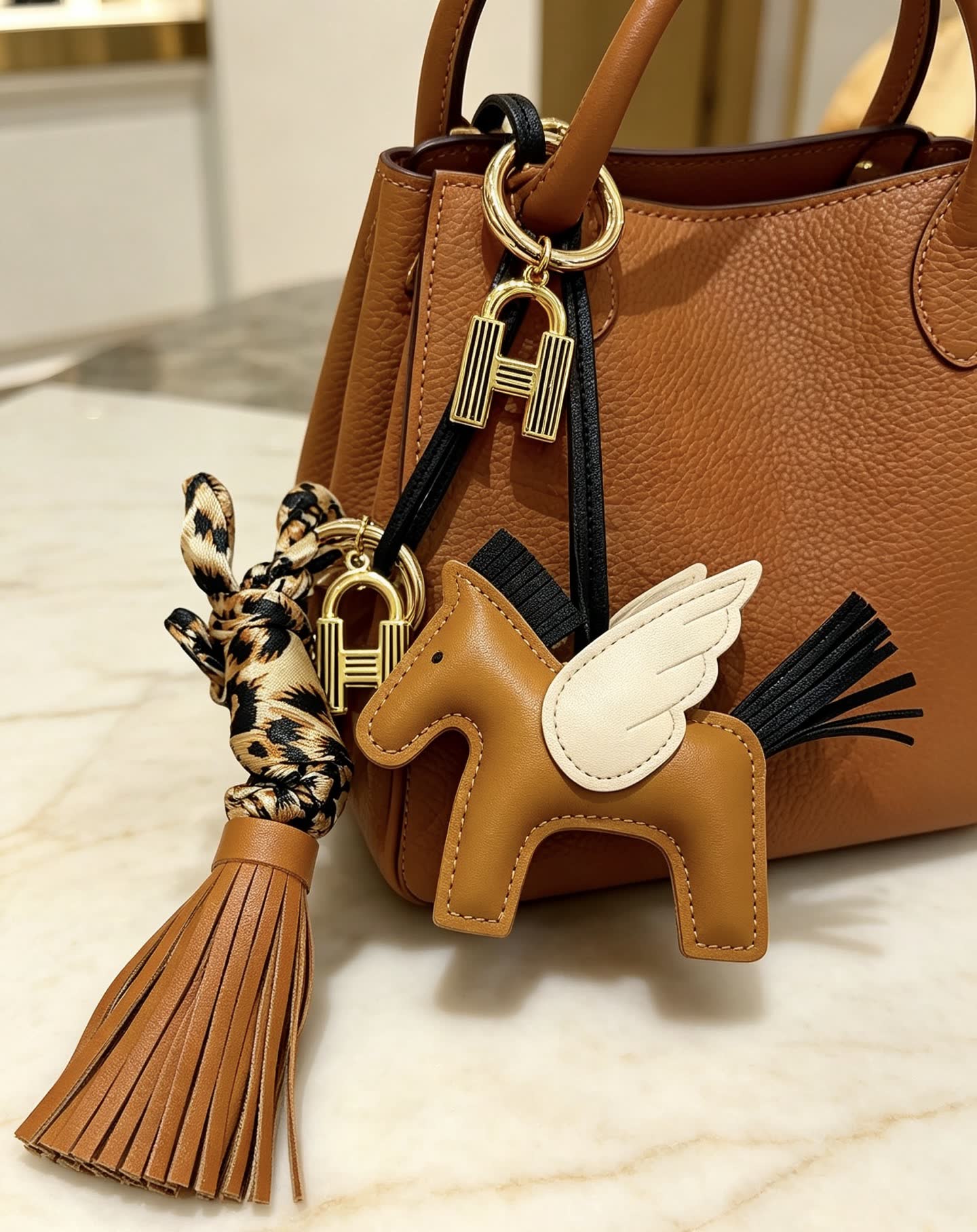 Hermes Hermès Brown Leather Winged Horse Keychain with Tassel Hermes Hermès Brown Leather Winged Horse Keychain with Tassel