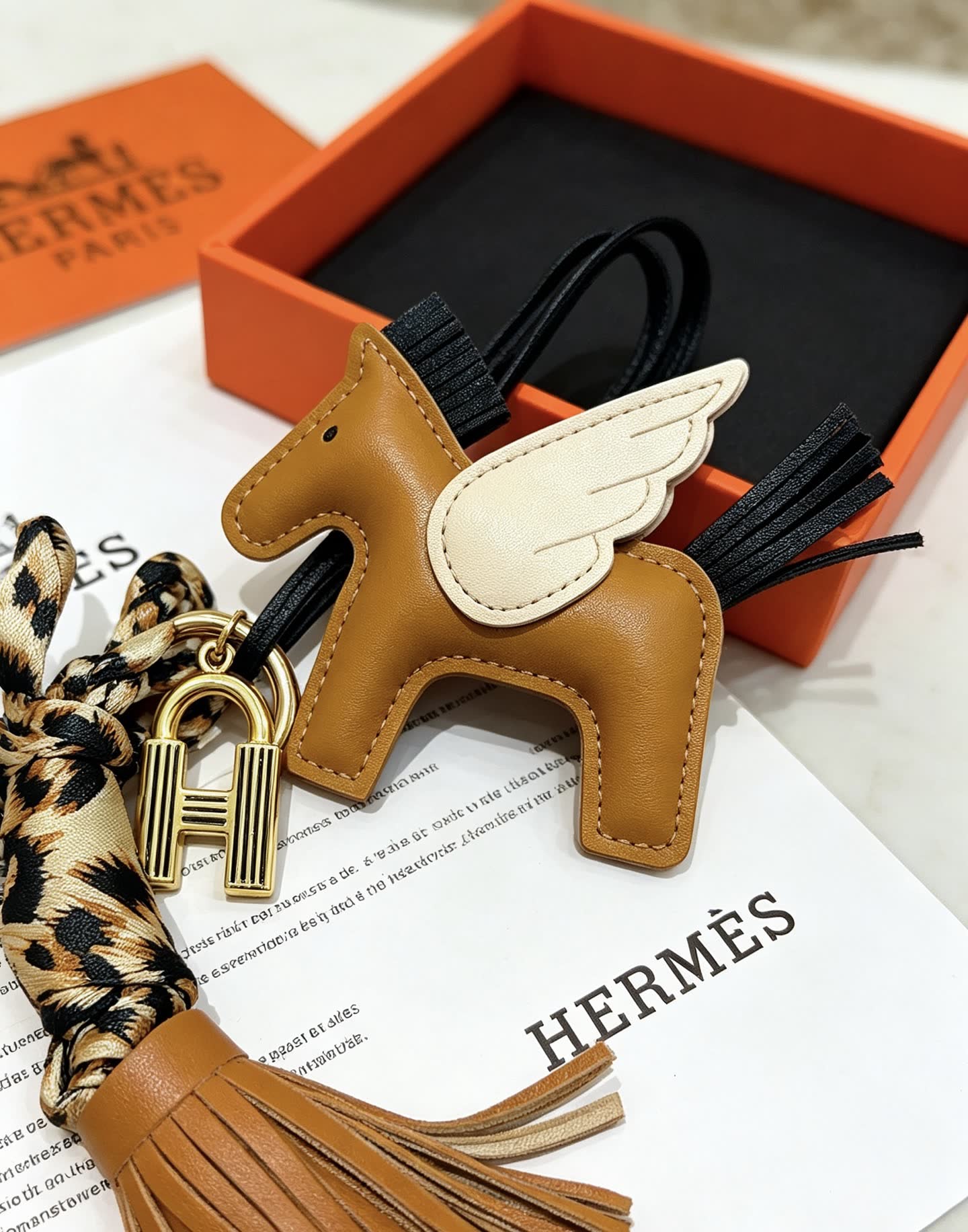 Hermes Hermès Brown Leather Winged Horse Keychain with Tassel