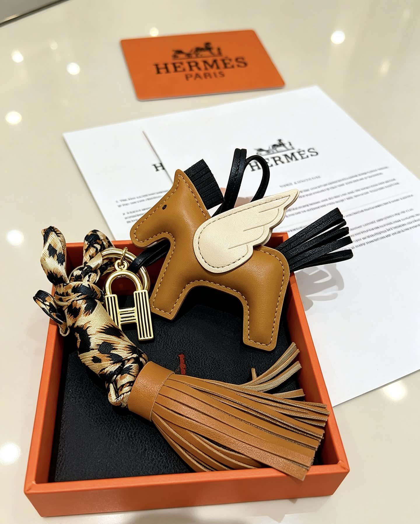 Hermes Hermès Brown Leather Winged Horse Keychain with Tassel