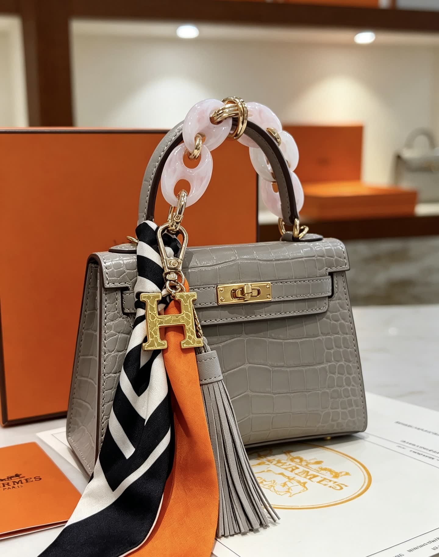 Hermès Keychain, Pink and Gold Chain Design