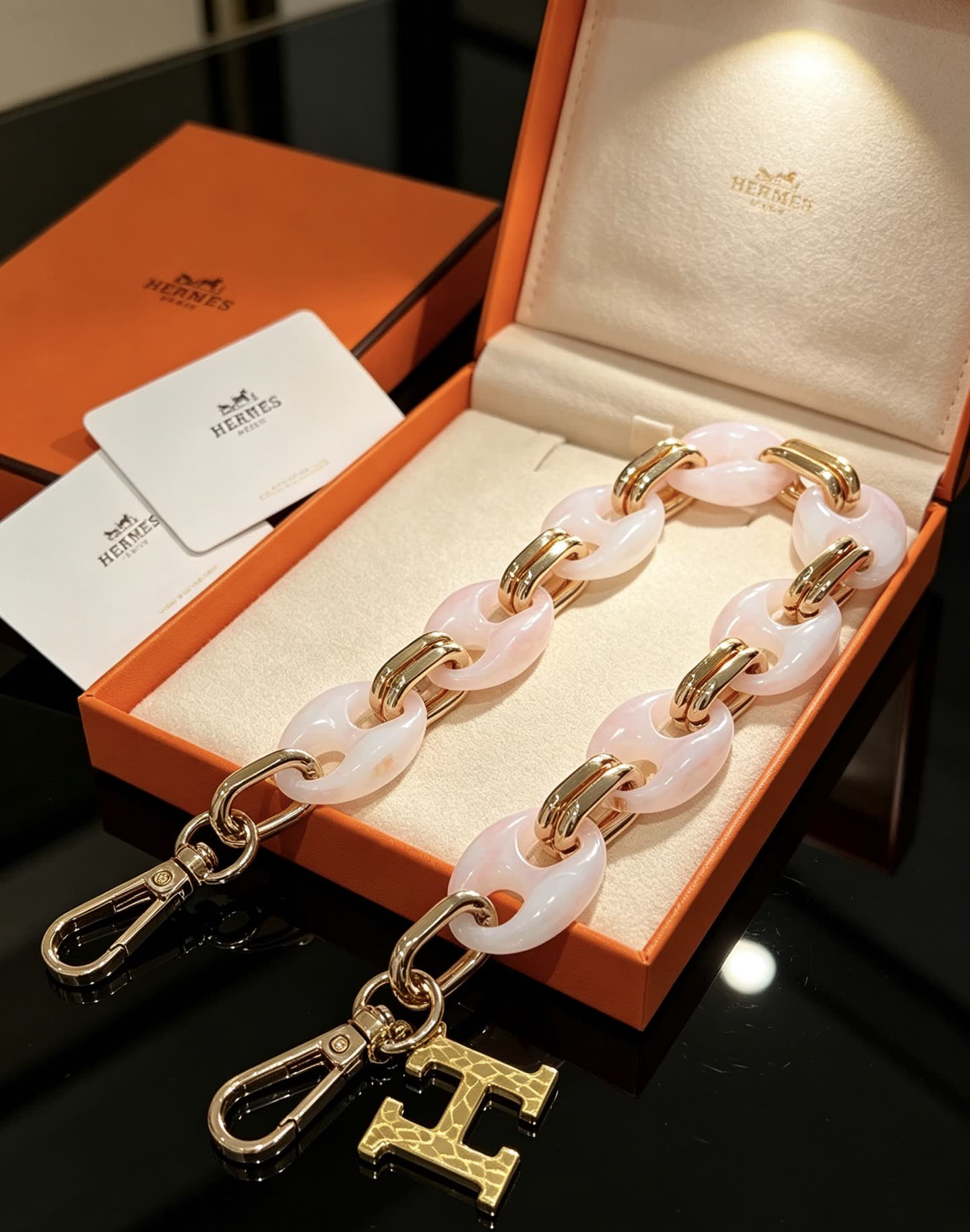 Hermès Keychain, Pink and Gold Chain Design