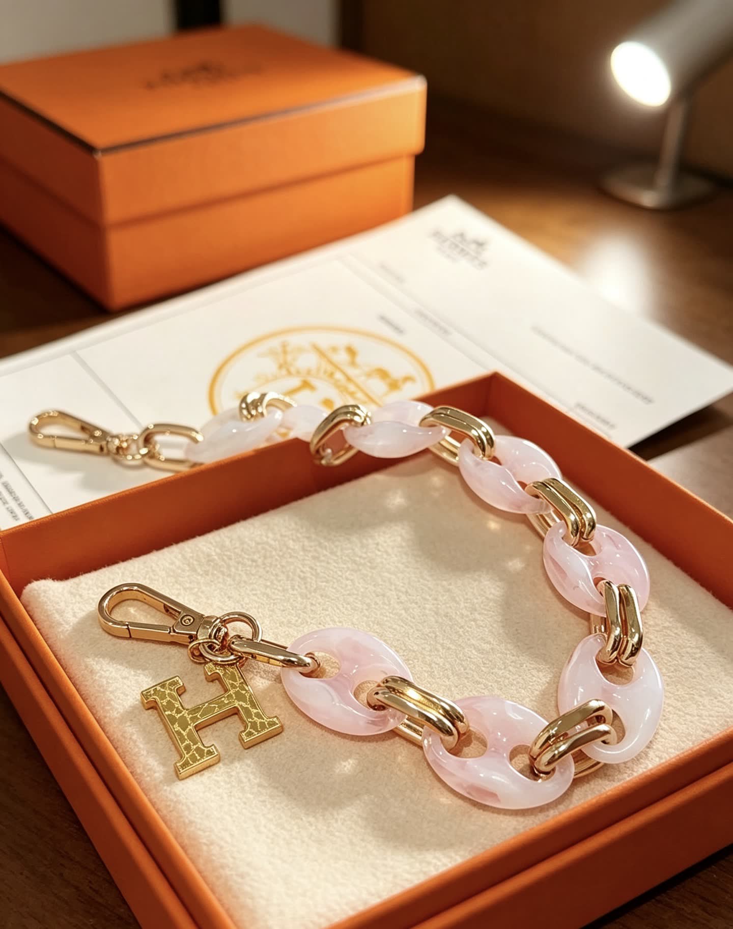 Hermès Keychain, Pink and Gold Chain Design